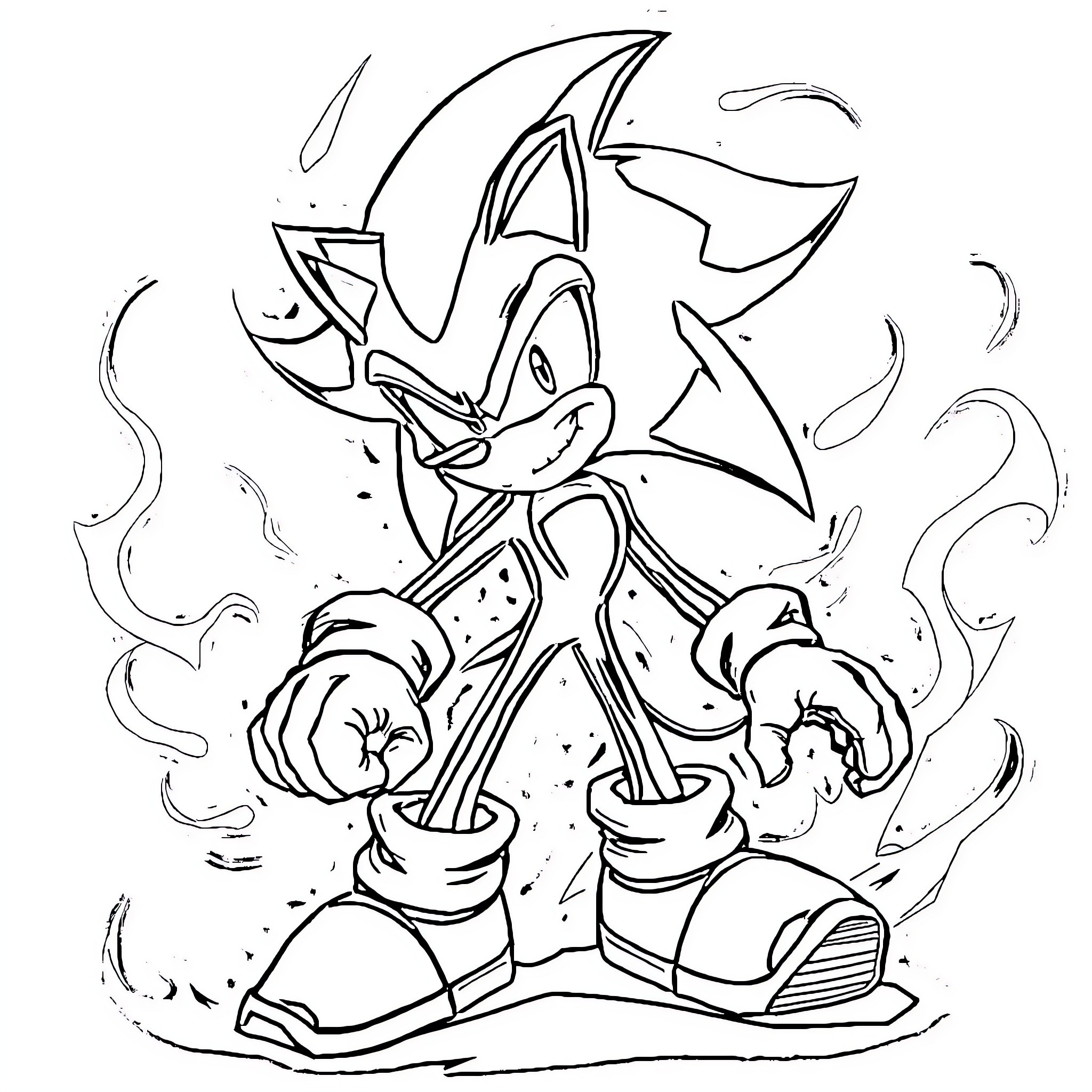 Sonic the Hedgehog in action-packed pose Coloring Page (free black-and-white line drawing printable PDF for all, from beginners to advanced learners, including children, teens, adults, and seniors)