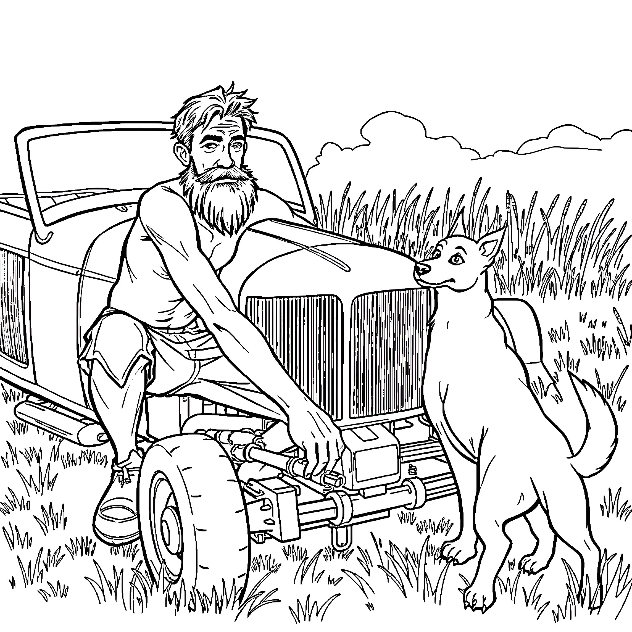 Guy with beard and dog posing by old truck Coloring Page (free black-and-white line drawing printable PDF for all, from beginners to advanced learners, including children, teens, adults, and seniors)