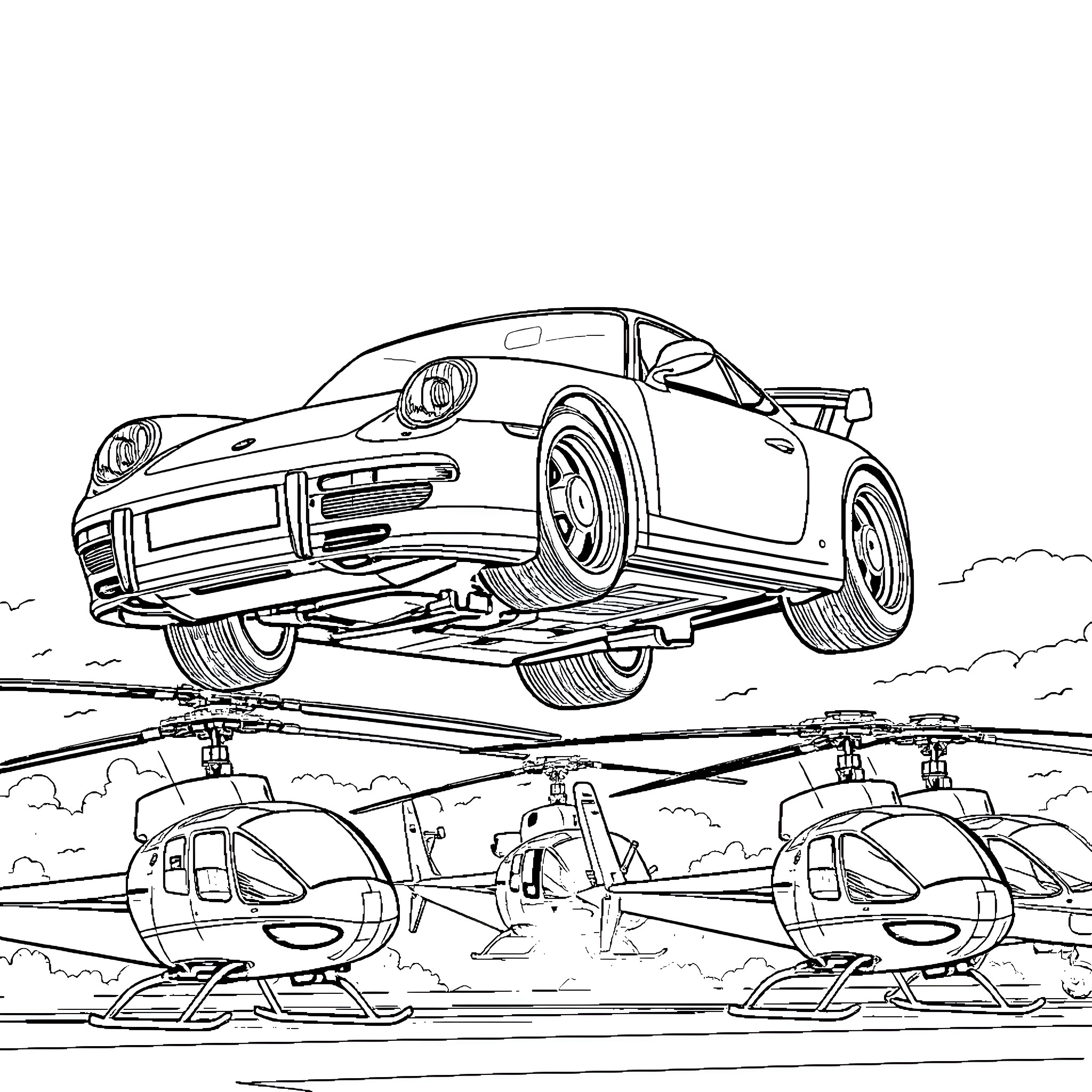 Porsche racecar elevated on platform with helicopters Coloring Page (free black-and-white line drawing printable PDF for all, from beginners to advanced learners, including children, teens, adults, and seniors)