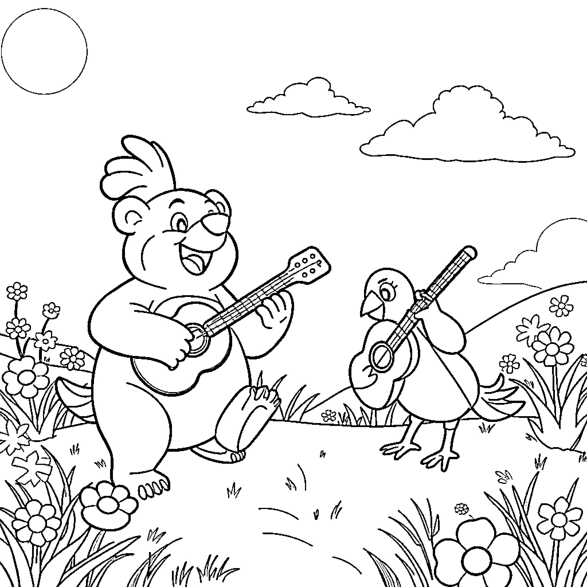 Banjo-Kazooie playing musical instruments in a nature scene Coloring Page (free black-and-white line drawing printable PDF for all, from beginners to advanced learners, including children, teens, adults, and seniors)