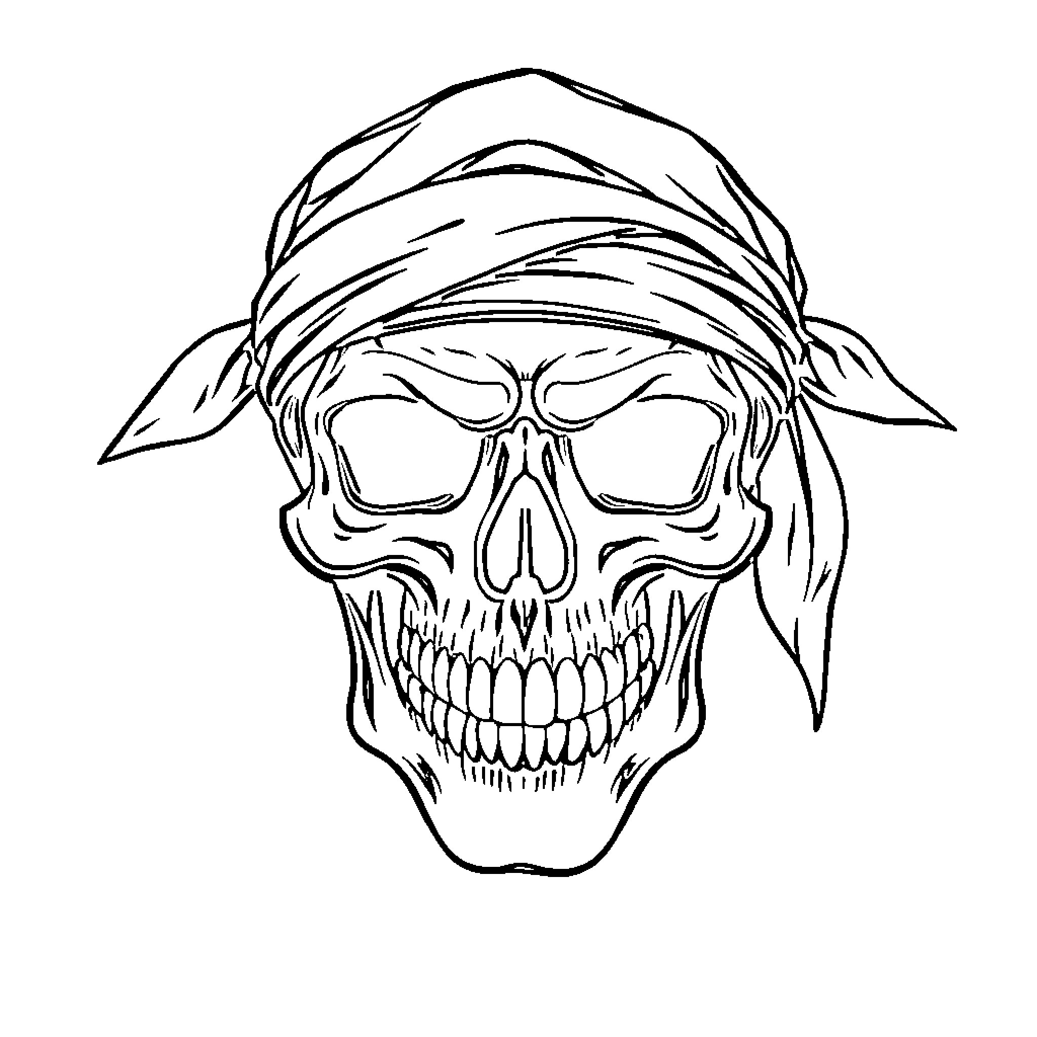 Skull with Pirate Bandana Coloring Page (free black-and-white line drawing printable PDF for all, from beginners to advanced learners, including children, teens, adults, and seniors)