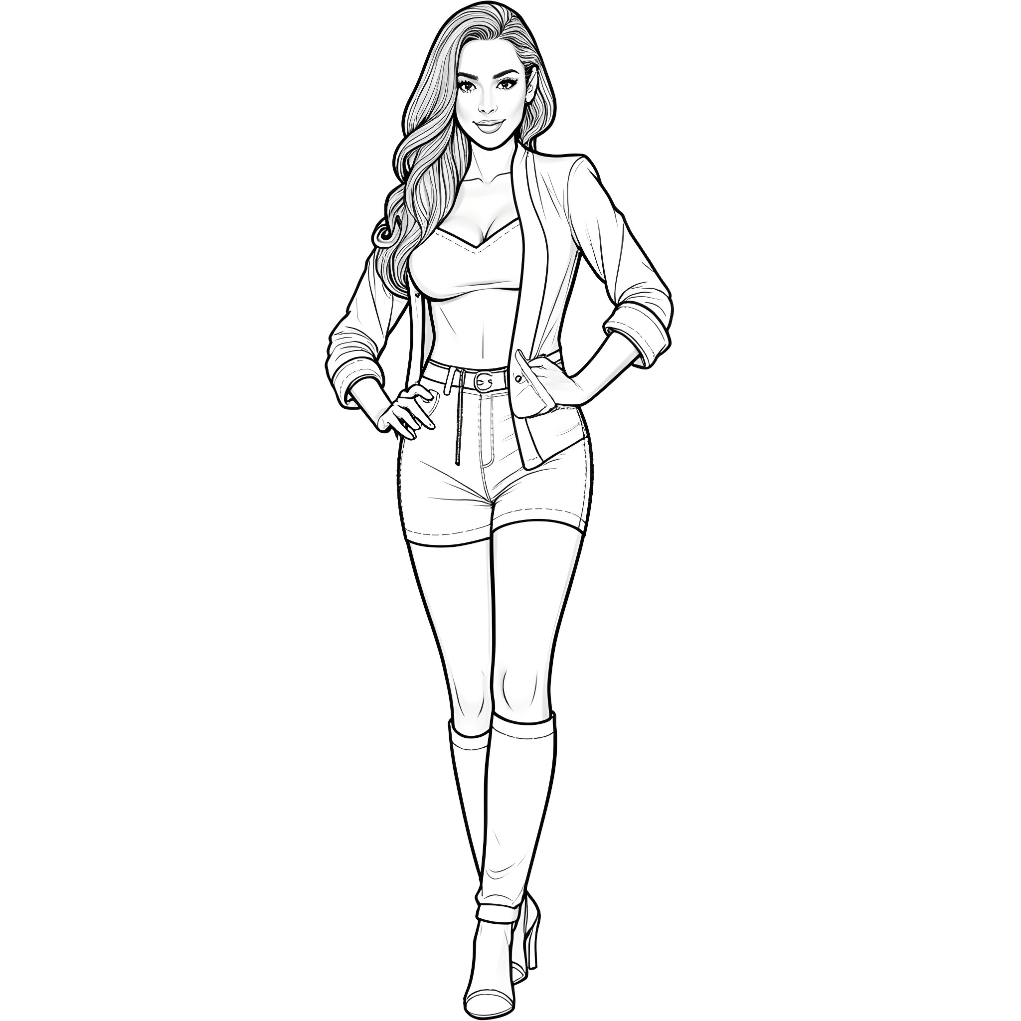 Megan Fox in stylish casual outfit Coloring Page (free black-and-white line drawing printable PDF for all, from beginners to advanced learners, including children, teens, adults, and seniors)