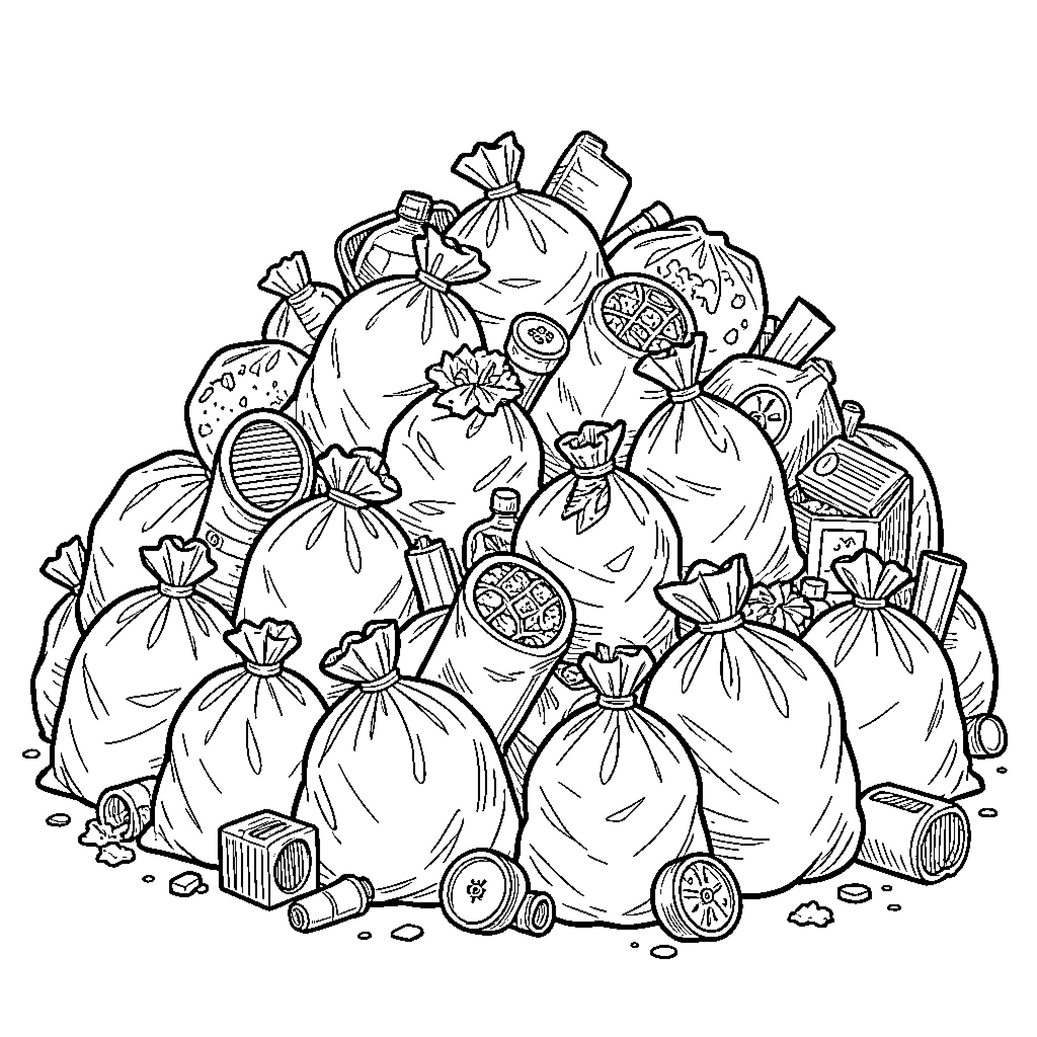 Garbage bags piled high in a large heap Coloring Page (free black-and-white line drawing printable PDF for all, from beginners to advanced learners, including children, teens, adults, and seniors)