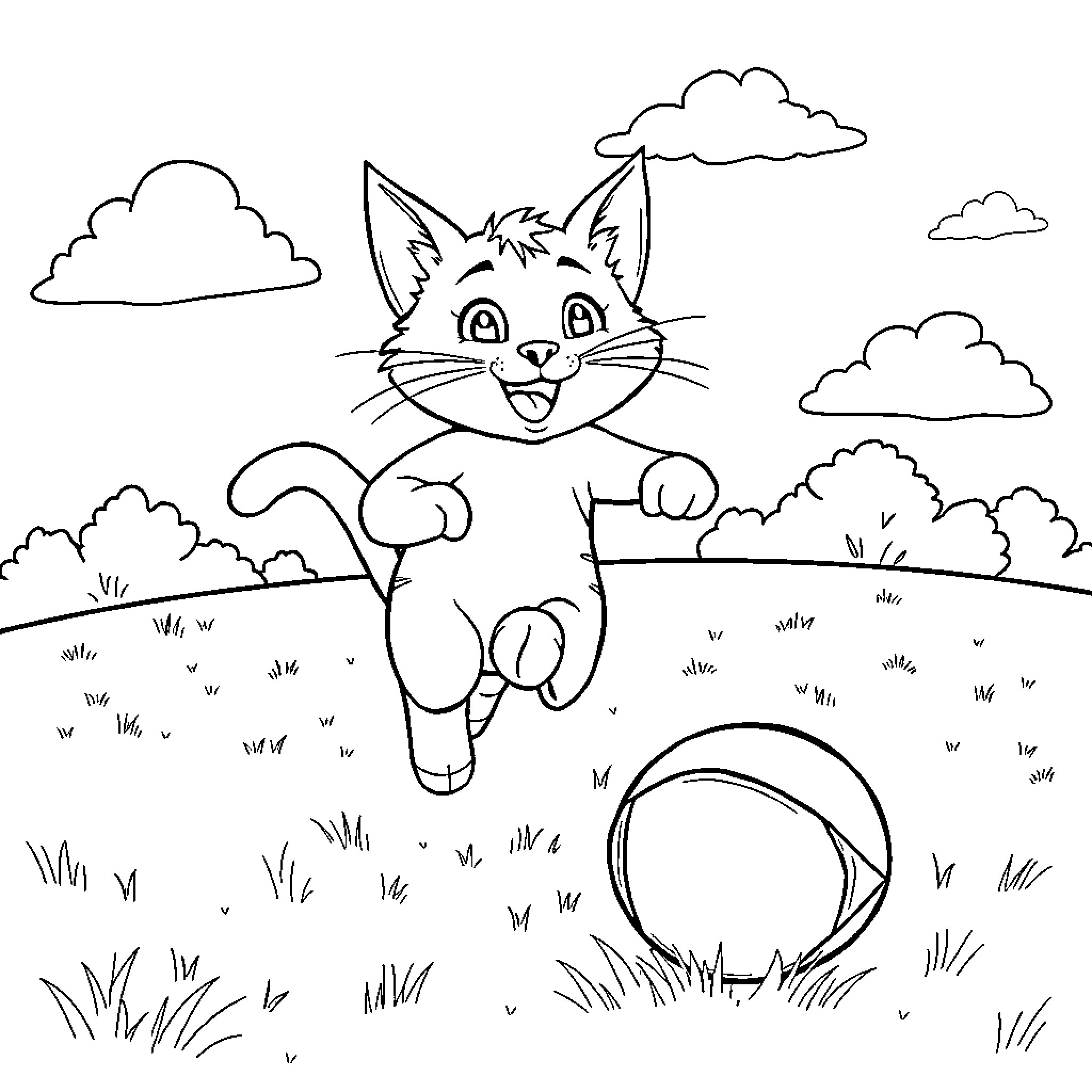 Cat playing joyfully in the meadow Coloring Page (free black-and-white line drawing printable PDF for all, from beginners to advanced learners, including children, teens, adults, and seniors)