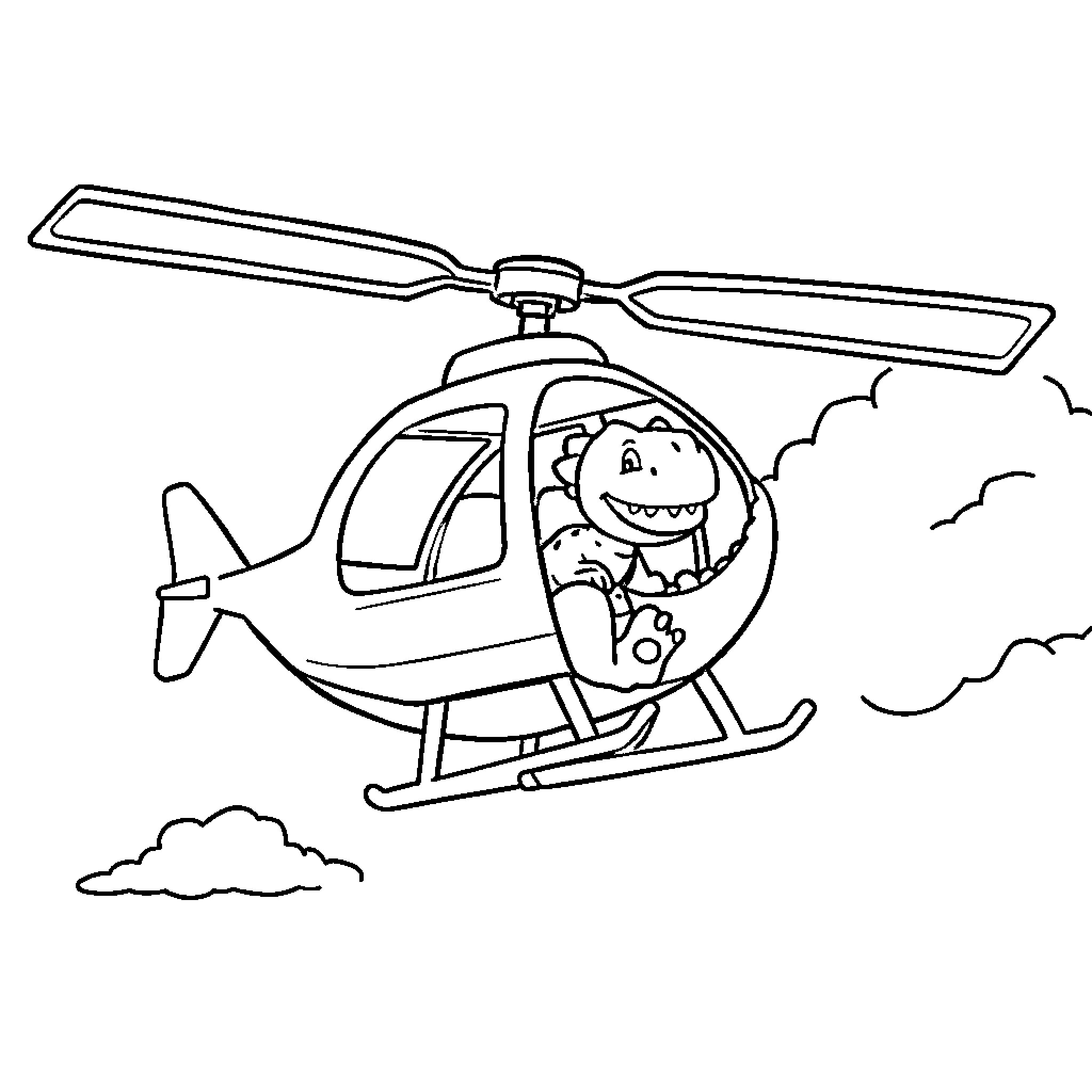 Dinosaur flying happily in helicopter Coloring Page (free black-and-white line drawing printable PDF for all, from beginners to advanced learners, including children, teens, adults, and seniors)