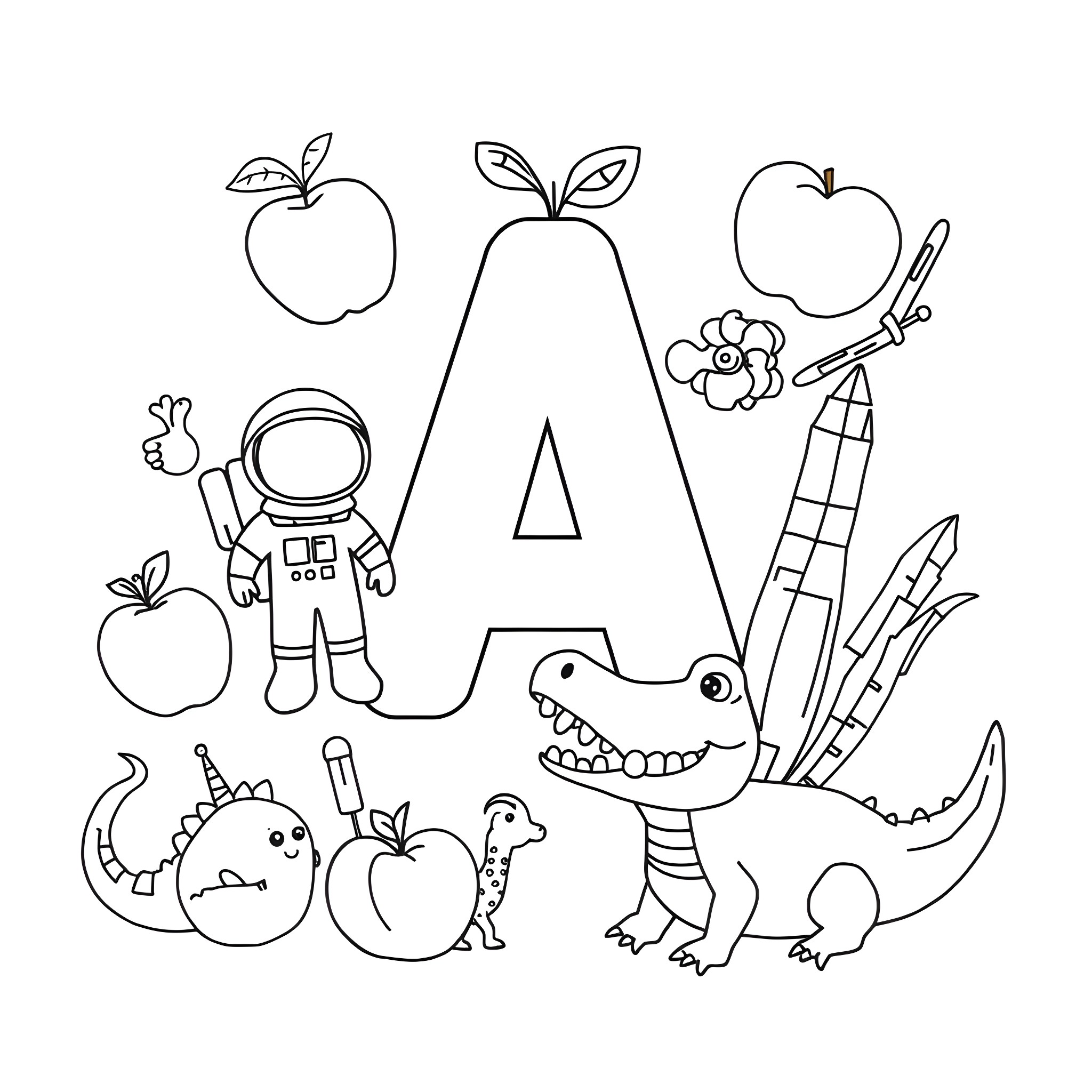 A Playful Alphabet Adventure Coloring Page (free black-and-white line drawing printable PDF for all, from beginners to advanced learners, including children, teens, adults, and seniors)