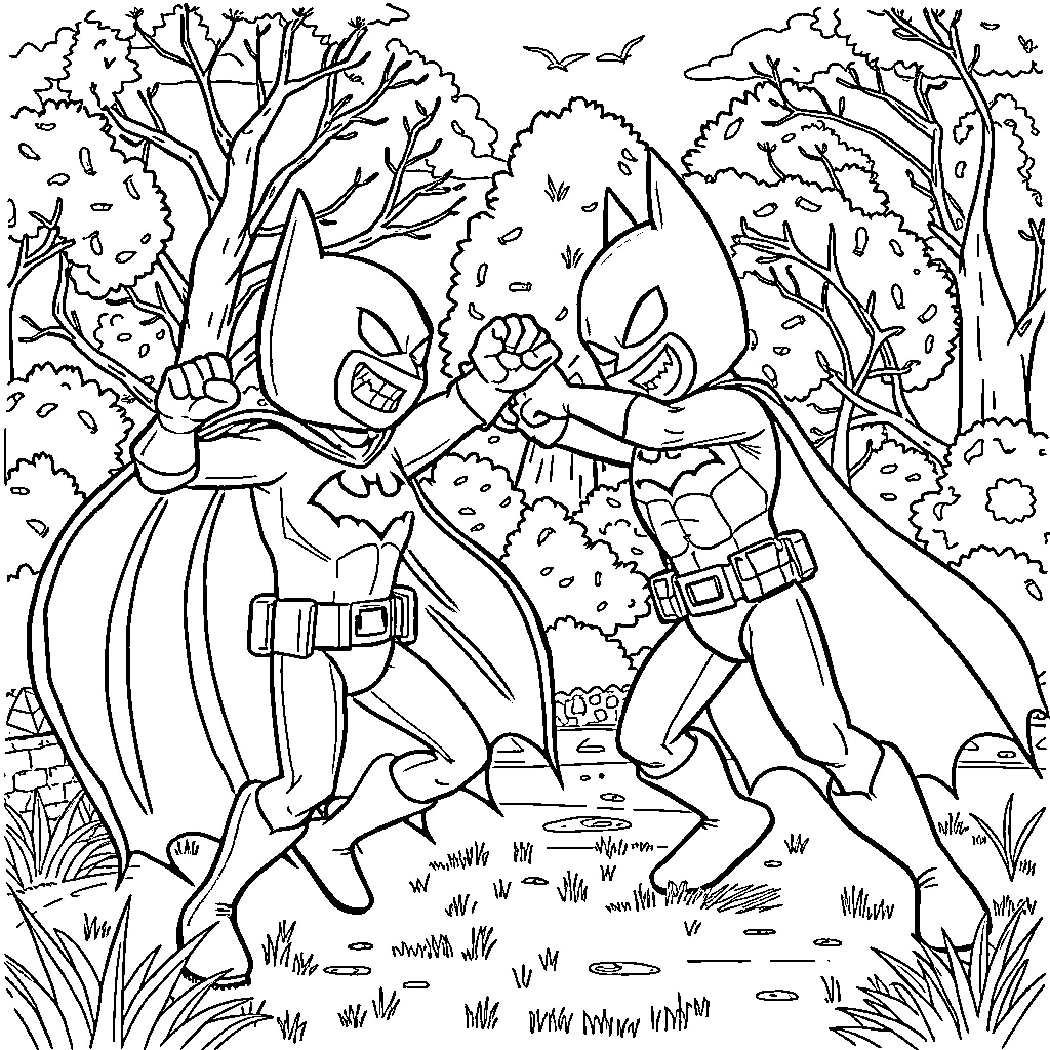 Bluey and friends explore the outdoors Coloring Page (free black-and-white line drawing printable PDF for all, from beginners to advanced learners, including children, teens, adults, and seniors)