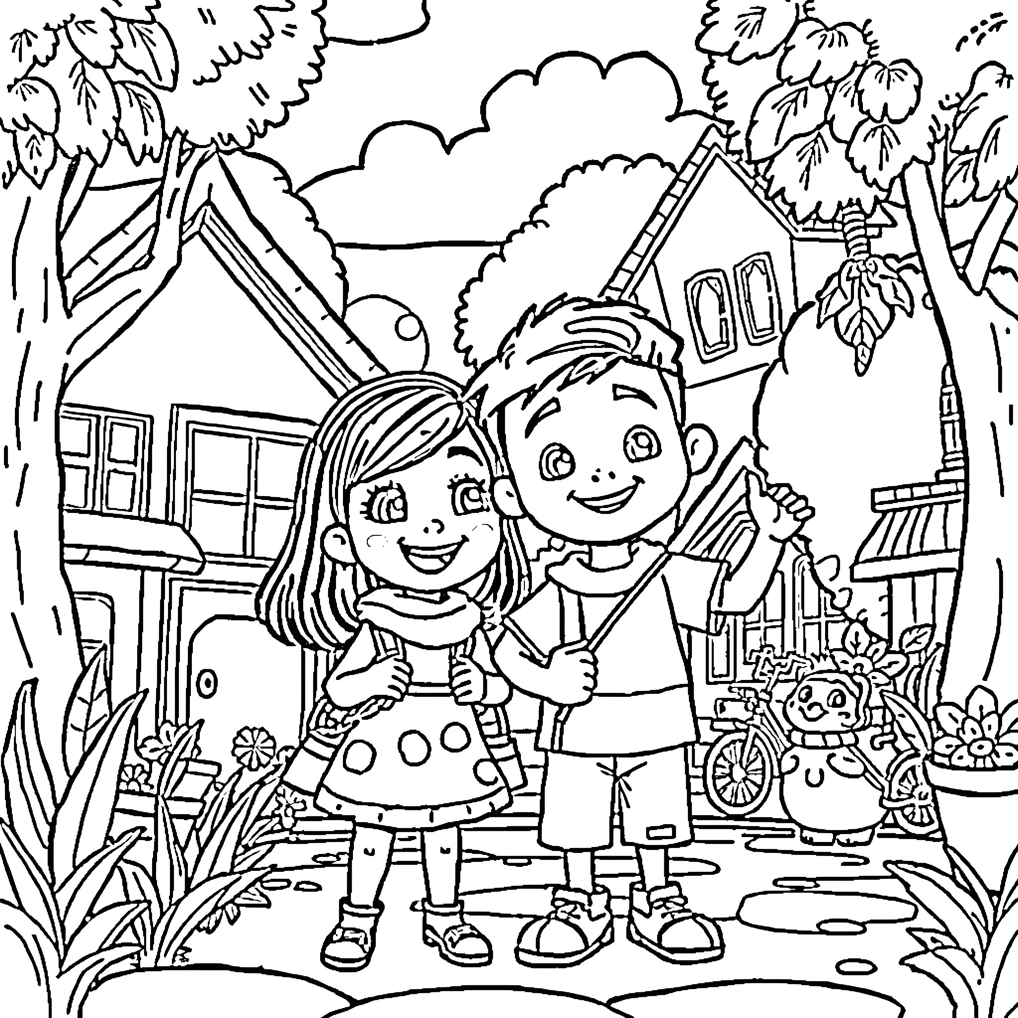 Mona and Russell explore the neighborhood together Coloring Page (free black-and-white line drawing printable PDF for all, from beginners to advanced learners, including children, teens, adults, and seniors)