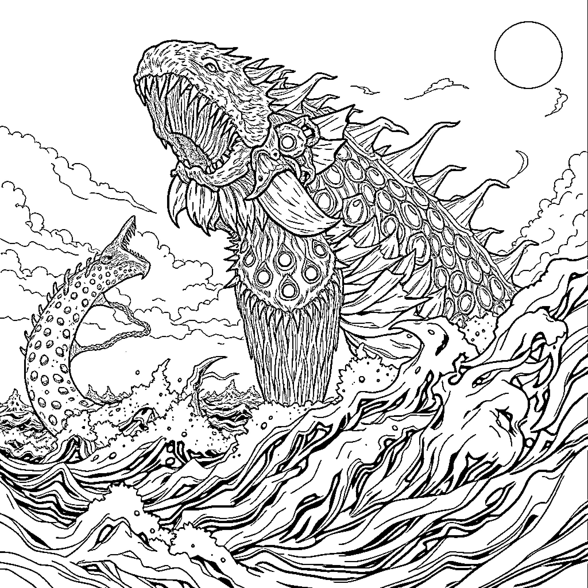 Sea Monster raging through the tumultuous waves Coloring Page (free black-and-white line drawing printable PDF for all, from beginners to advanced learners, including children, teens, adults, and seniors)