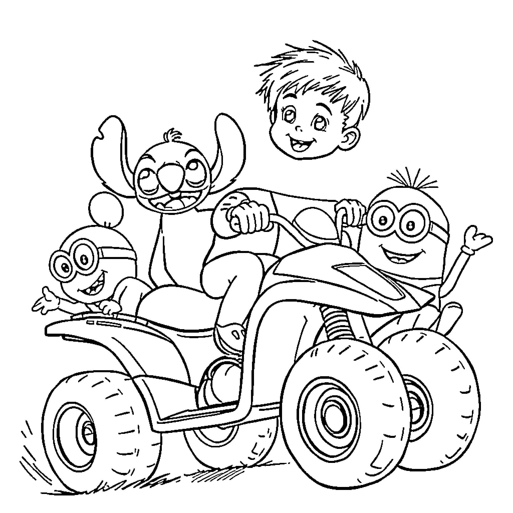 Quad of Joyful Characters on an Adventure Coloring Page (free black-and-white line drawing printable PDF for all, from beginners to advanced learners, including children, teens, adults, and seniors)