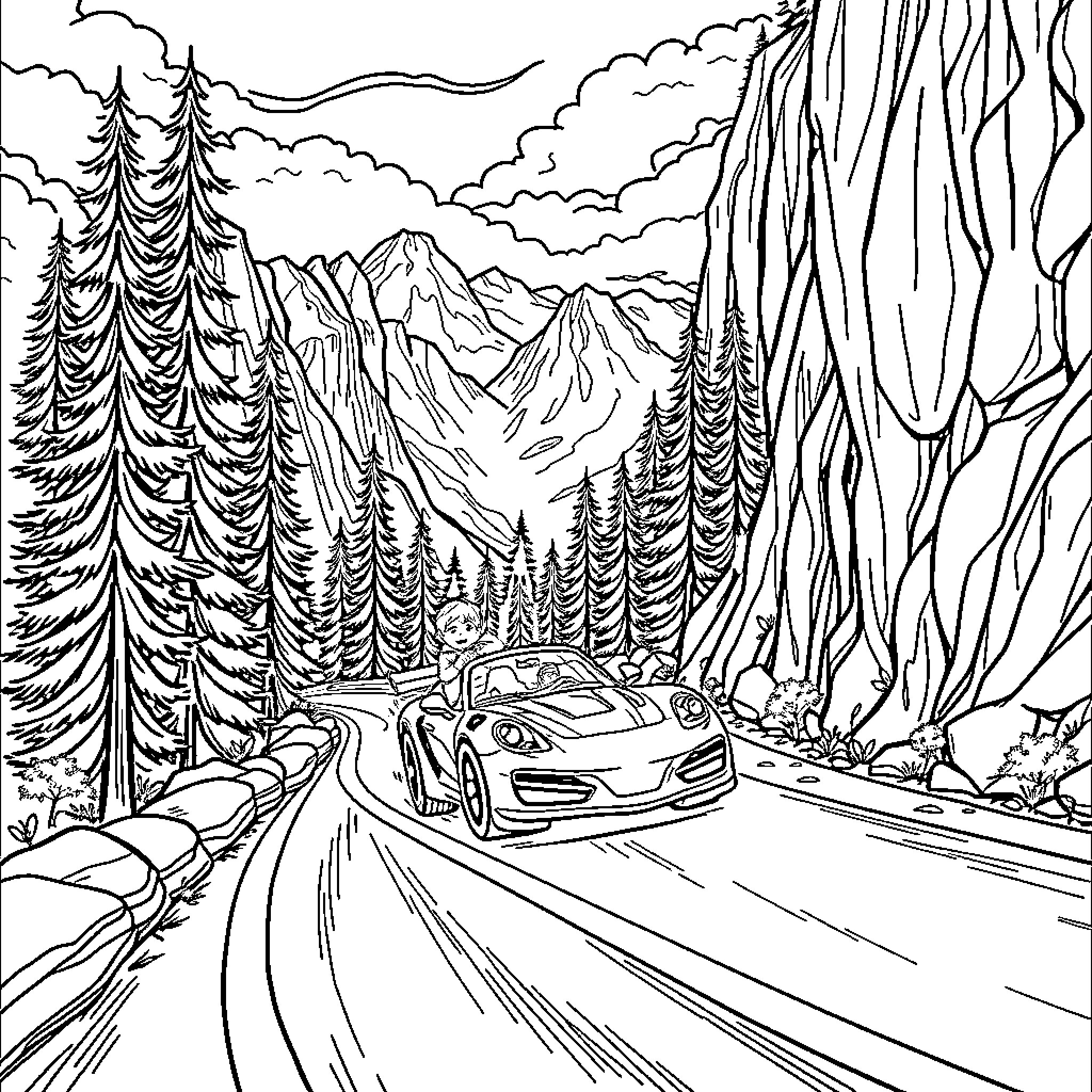 Boy driving through scenic mountain landscape Coloring Page (free black-and-white line drawing printable PDF for all, from beginners to advanced learners, including children, teens, adults, and seniors)