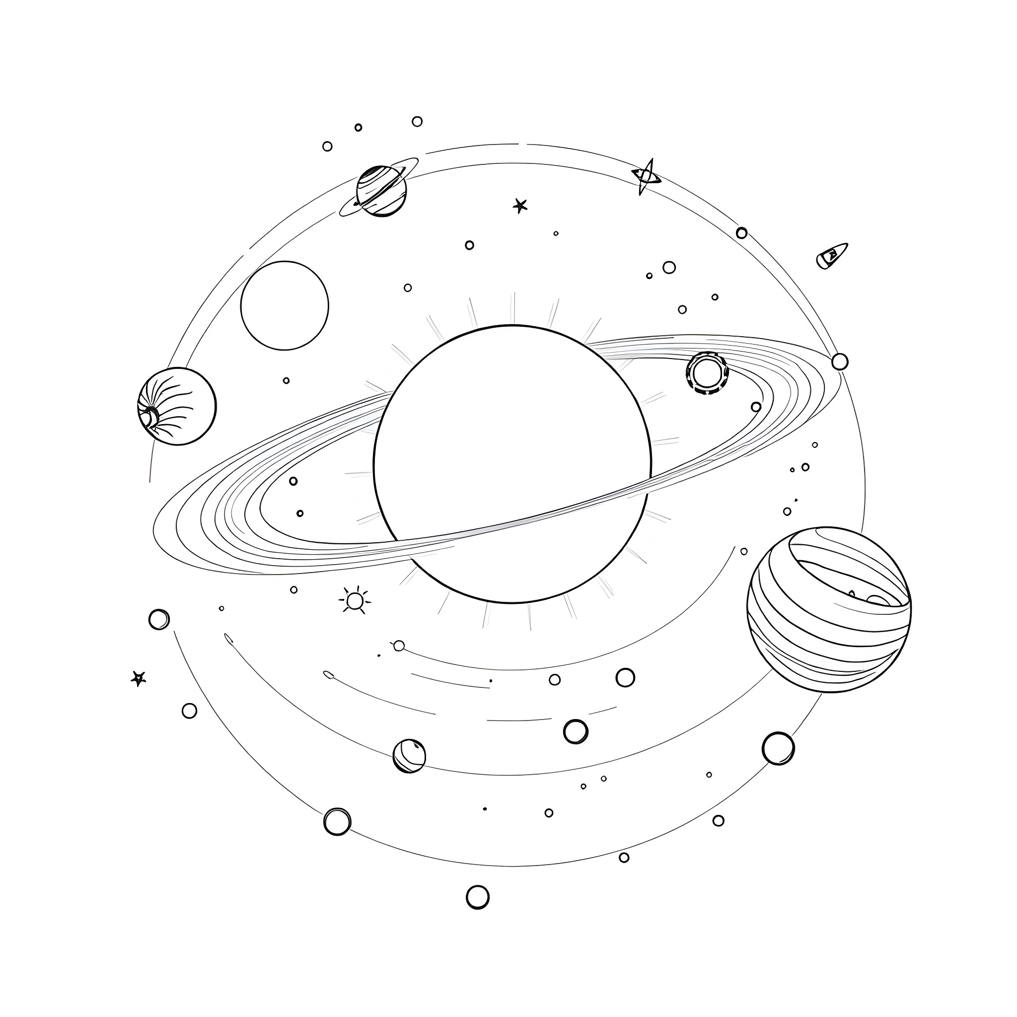 Solar System Exploration and Discovery Coloring Page (free black-and-white line drawing printable PDF for all, from beginners to advanced learners, including children, teens, adults, and seniors)