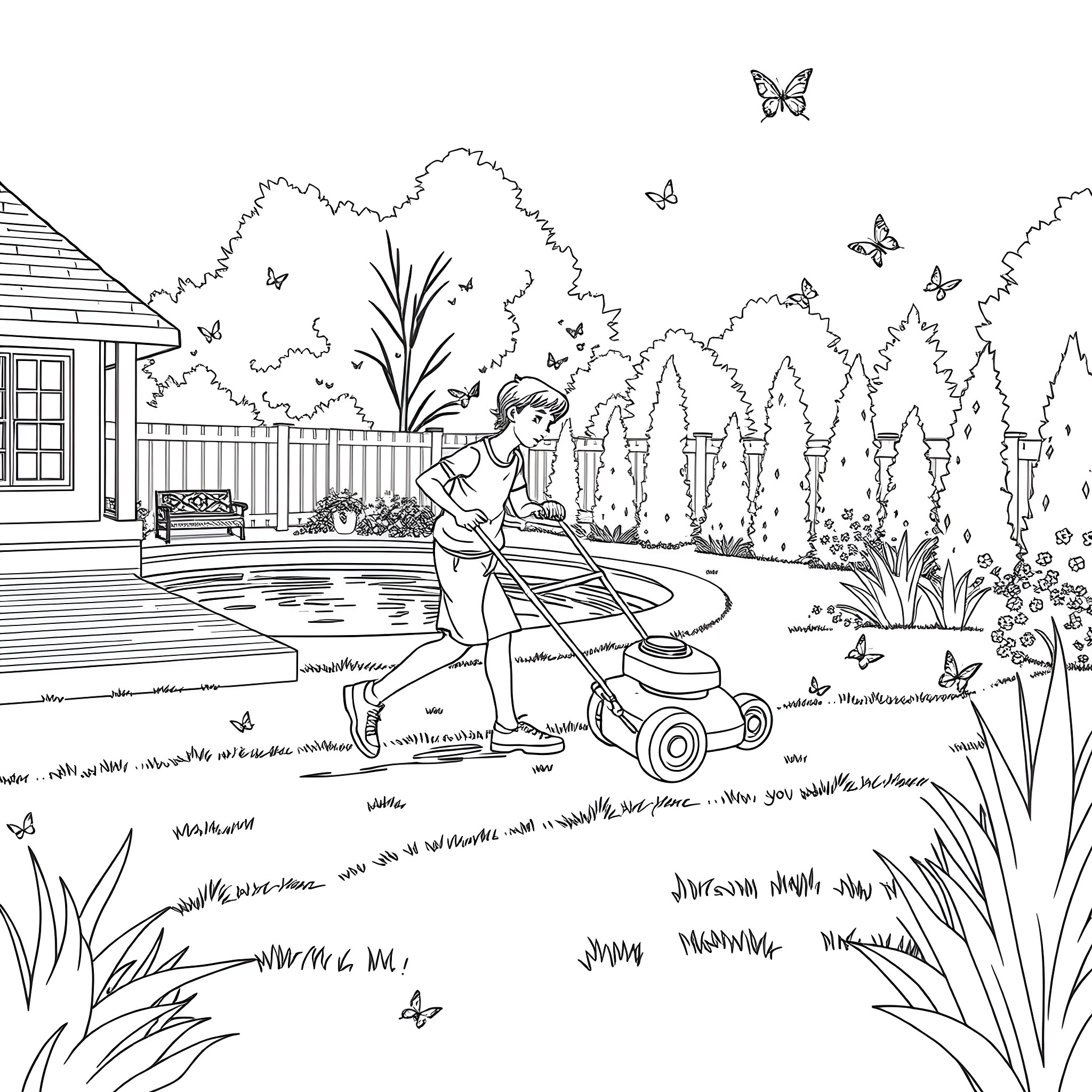 Teen Guy Mowing the Lawn in Backyard Coloring Page (free black-and-white line drawing printable PDF for all, from beginners to advanced learners, including children, teens, adults, and seniors)