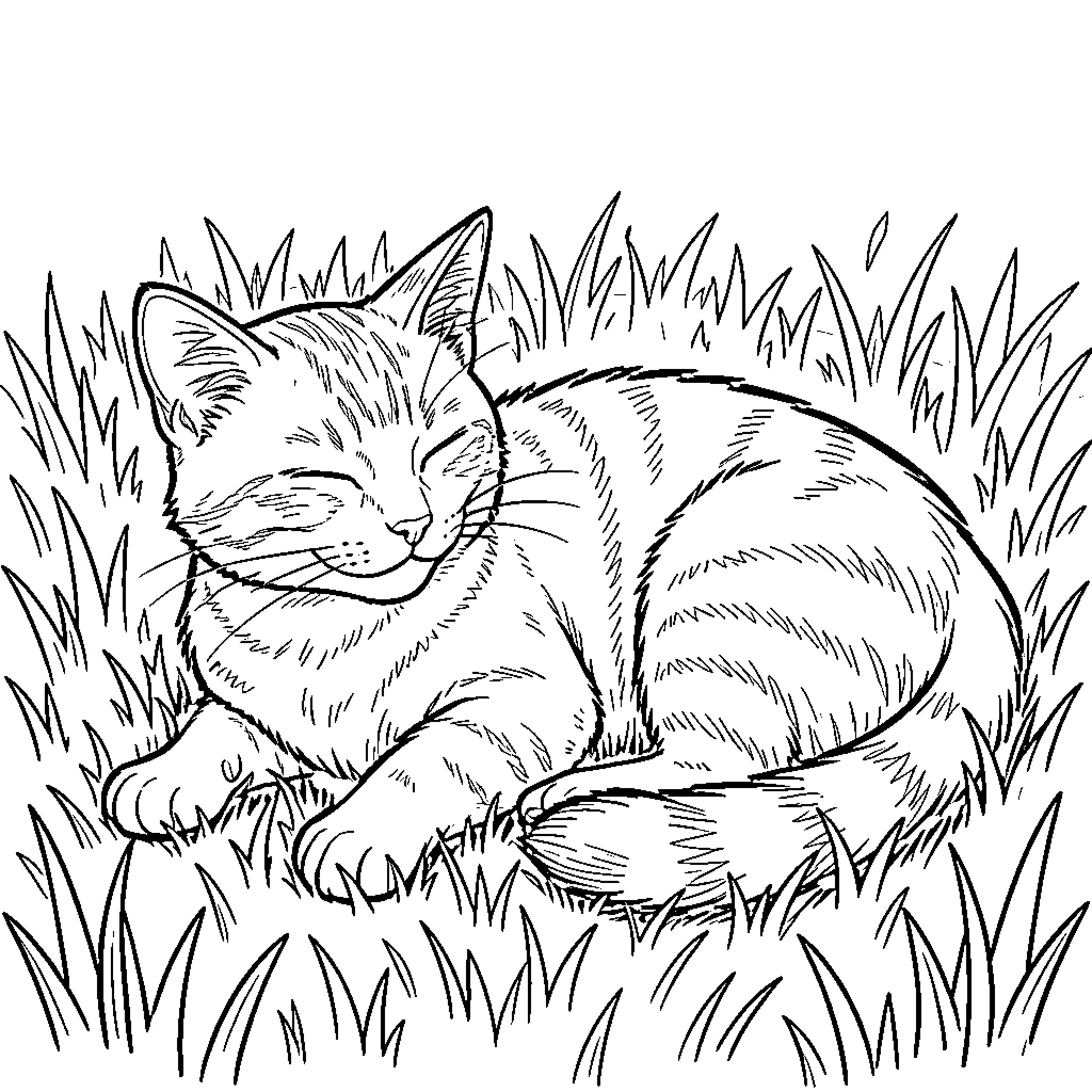 Gato napping peacefully in the tall grass Coloring Page (free black-and-white line drawing printable PDF for all, from beginners to advanced learners, including children, teens, adults, and seniors)
