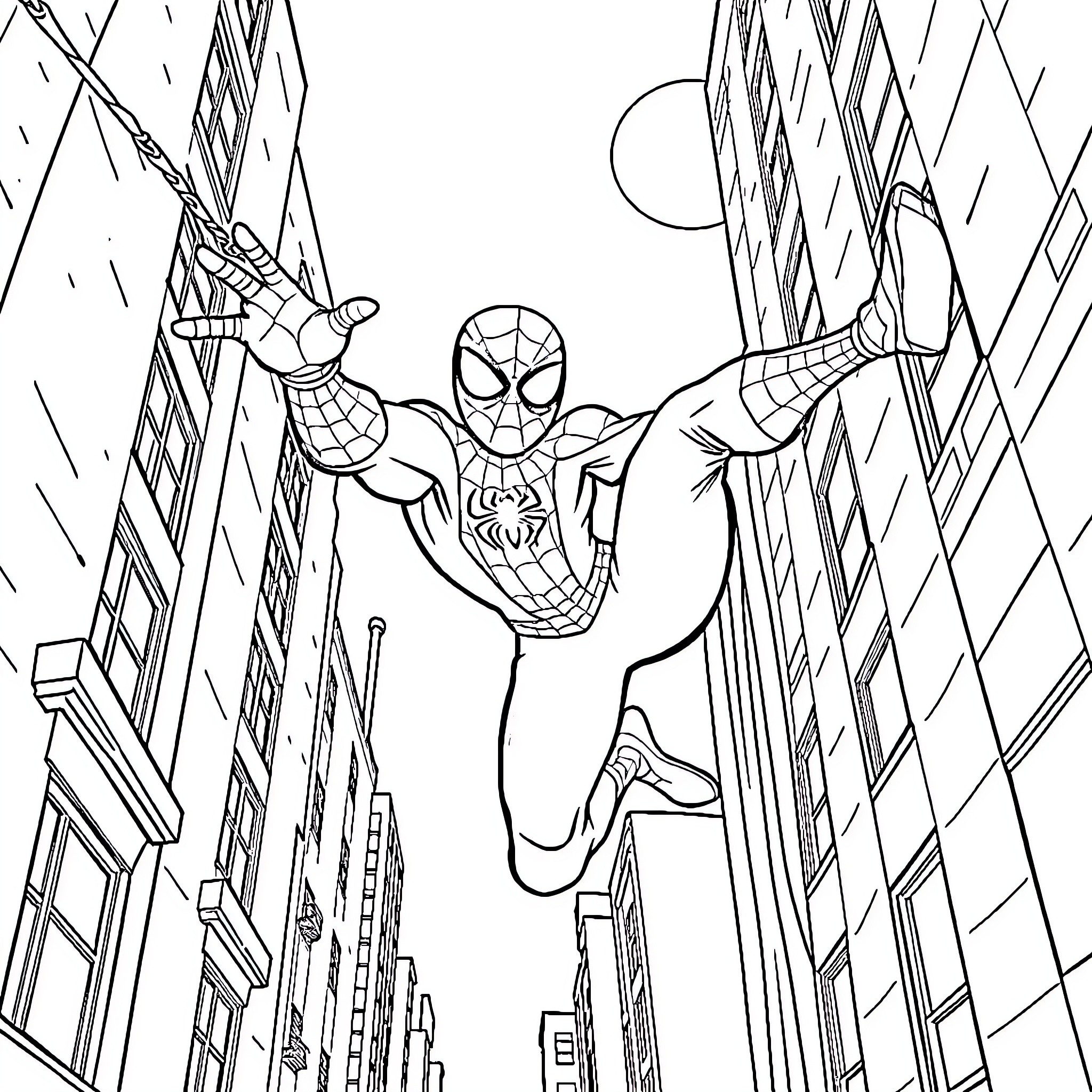 Spiderman swinging through the city streets Coloring Page (free black-and-white line drawing printable PDF for all, from beginners to advanced learners, including children, teens, adults, and seniors)