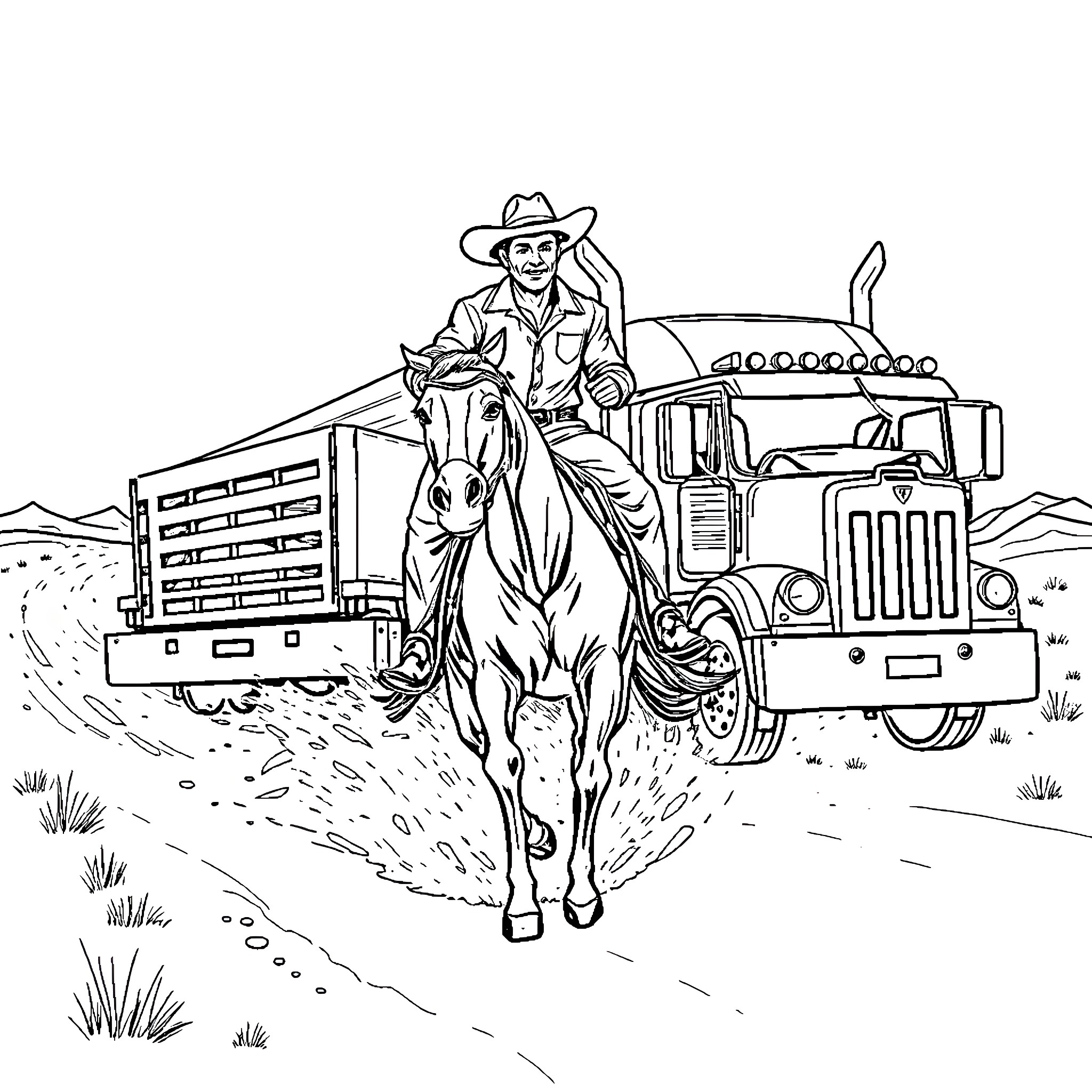 Cowboy riding horse through rugged landscape Coloring Page (free black-and-white line drawing printable PDF for all, from beginners to advanced learners, including children, teens, adults, and seniors)