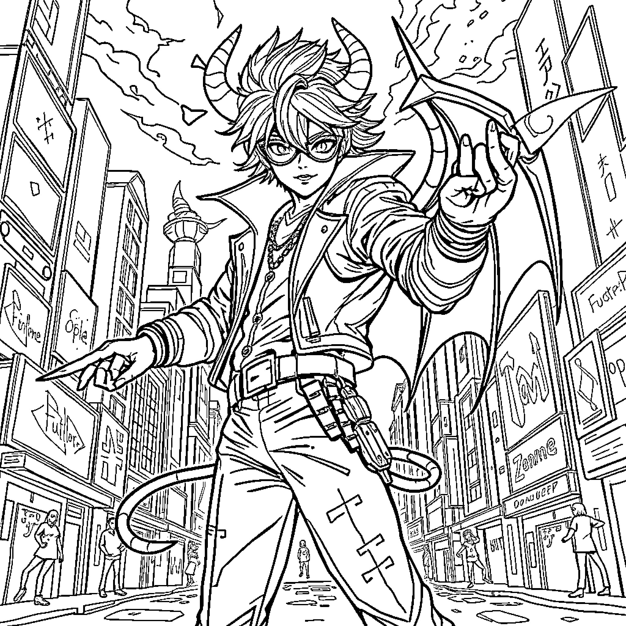 Demon Hunter Battles Supernatural Foes in the City Coloring Page (free black-and-white line drawing printable PDF for all, from beginners to advanced learners, including children, teens, adults, and seniors)