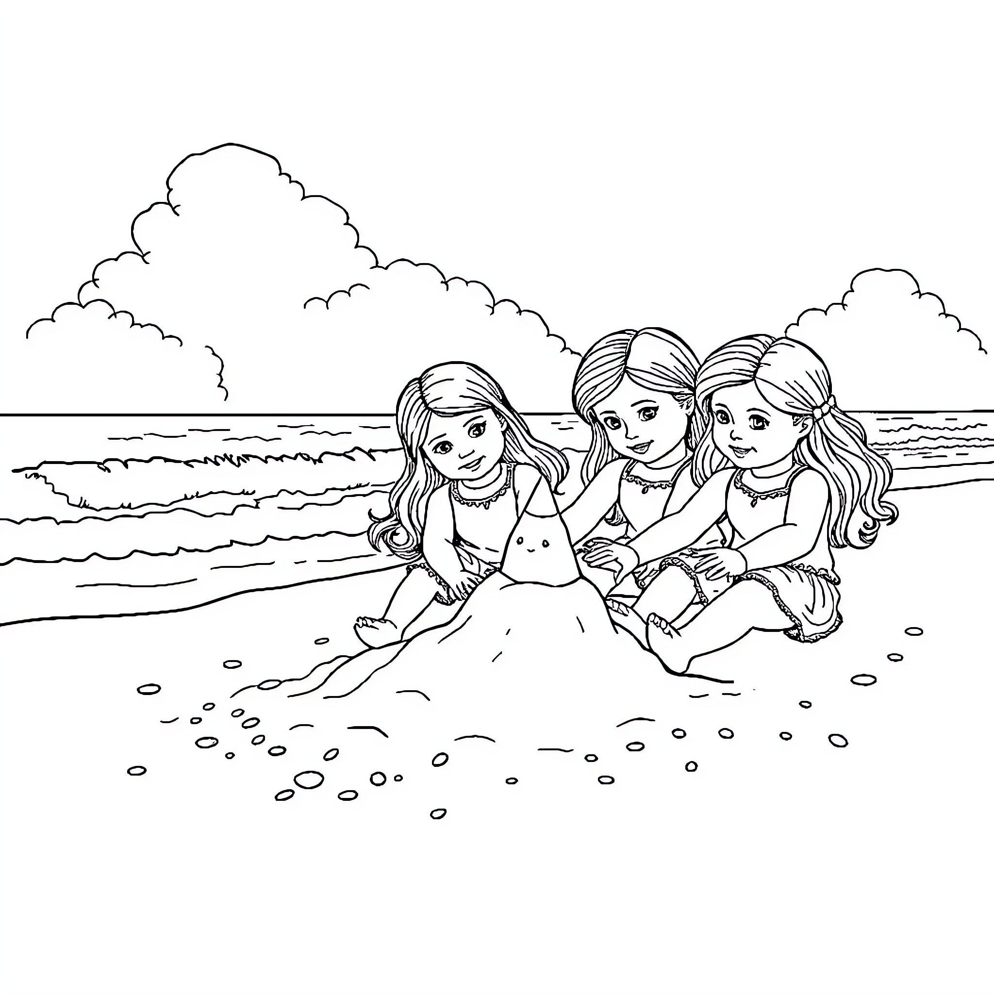 American Girl Doll Friends Playing at the Beach Coloring Page (free black-and-white line drawing printable PDF for all, from beginners to advanced learners, including children, teens, adults, and seniors)