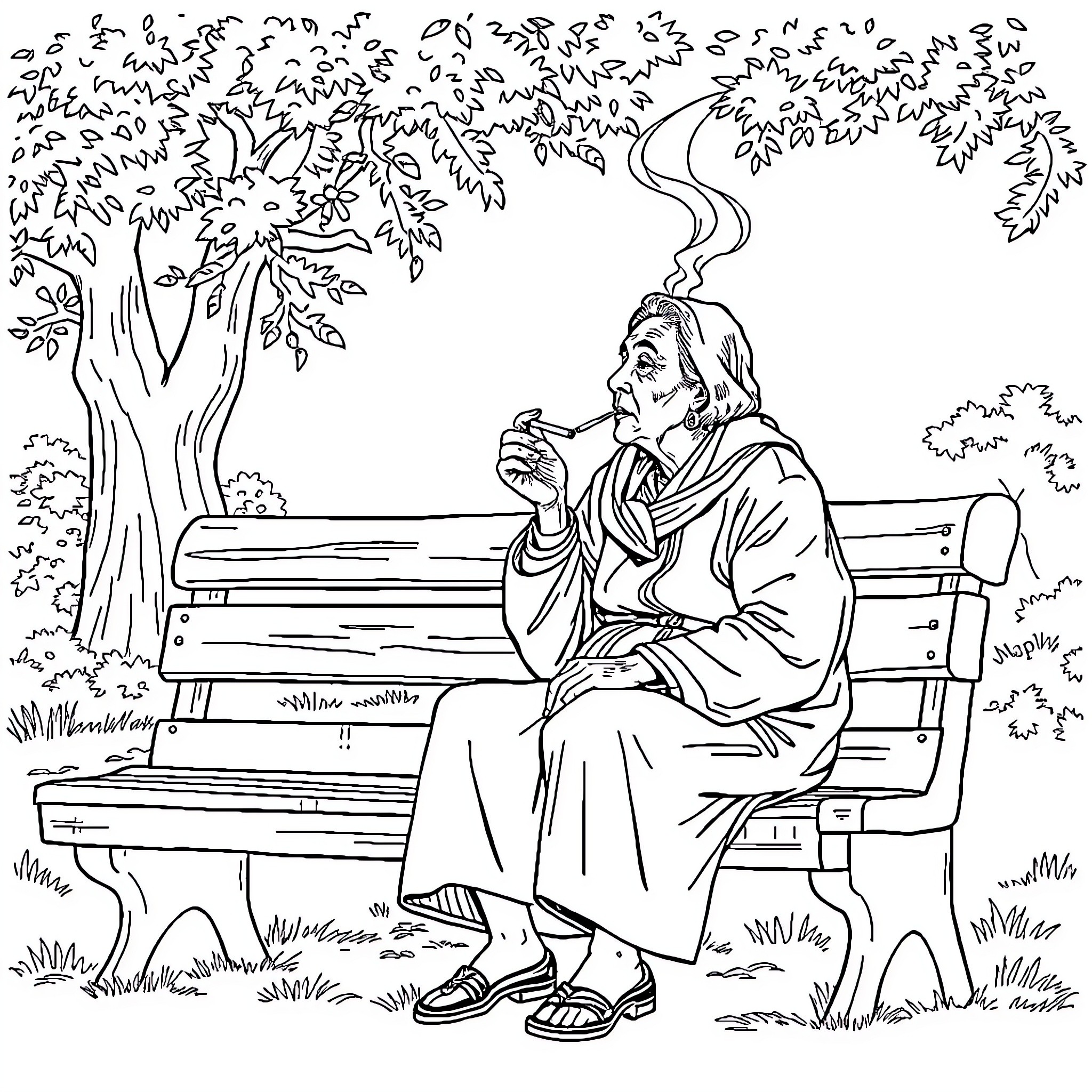 Woman resting peacefully on a park bench Coloring Page (free black-and-white line drawing printable PDF for all, from beginners to advanced learners, including children, teens, adults, and seniors)