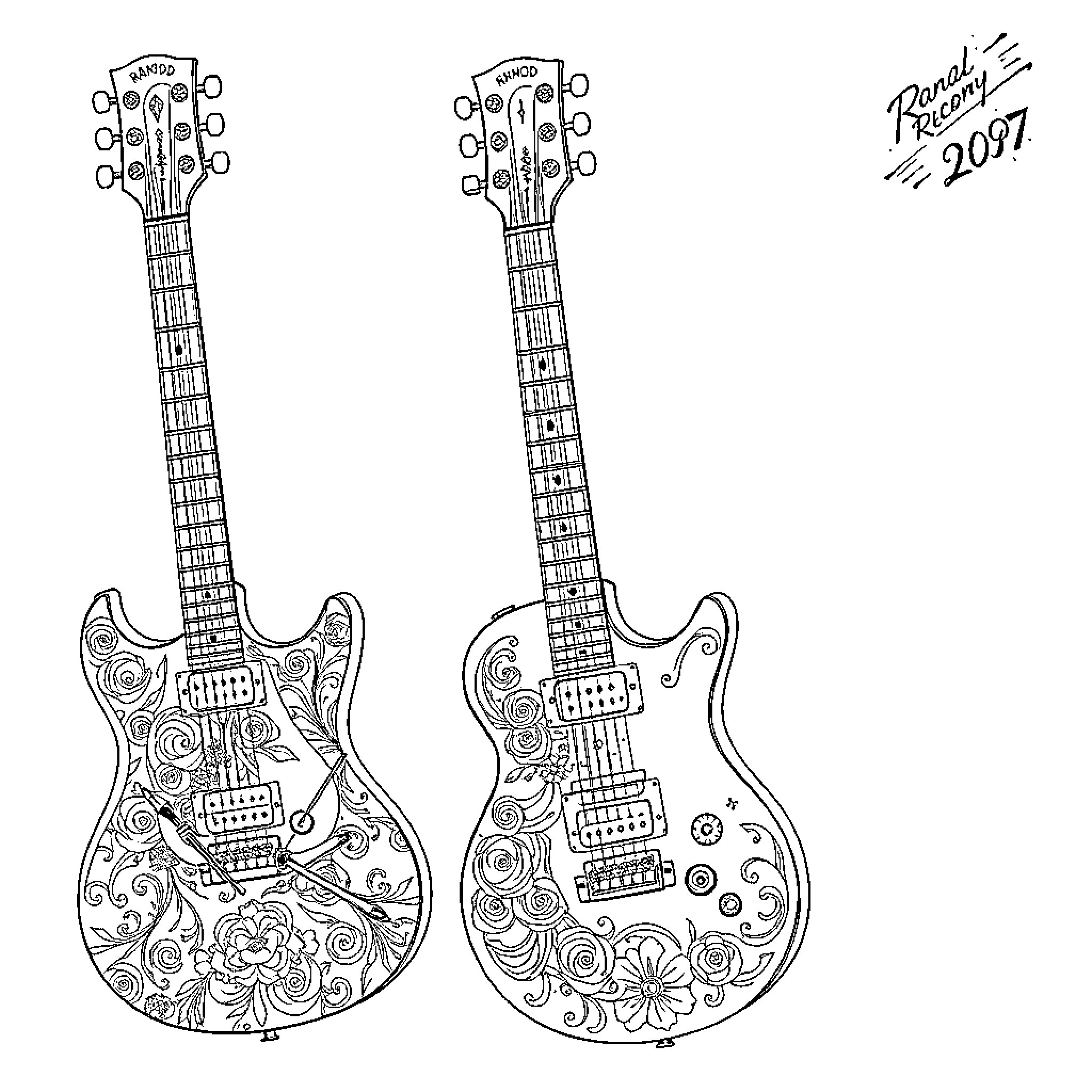 Guitar Artwork with Intricate Floral Patterns Coloring Page (free black-and-white line drawing printable PDF for all, from beginners to advanced learners, including children, teens, adults, and seniors)