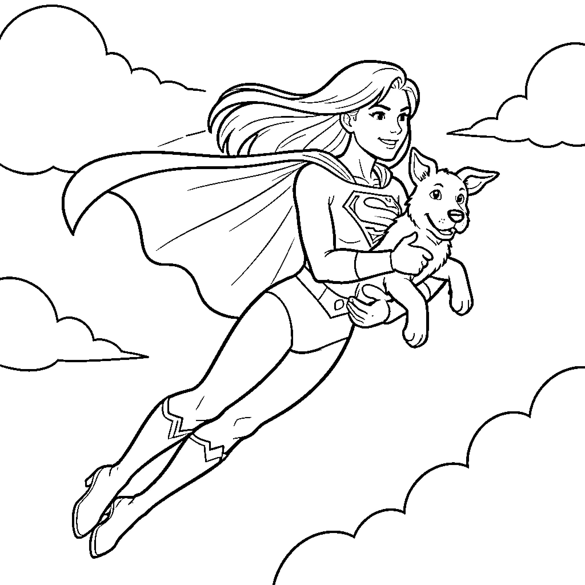 Supergirl flying through clouds while holding a small dog Coloring Page (free black-and-white line drawing printable PDF for all, from beginners to advanced learners, including children, teens, adults, and seniors)