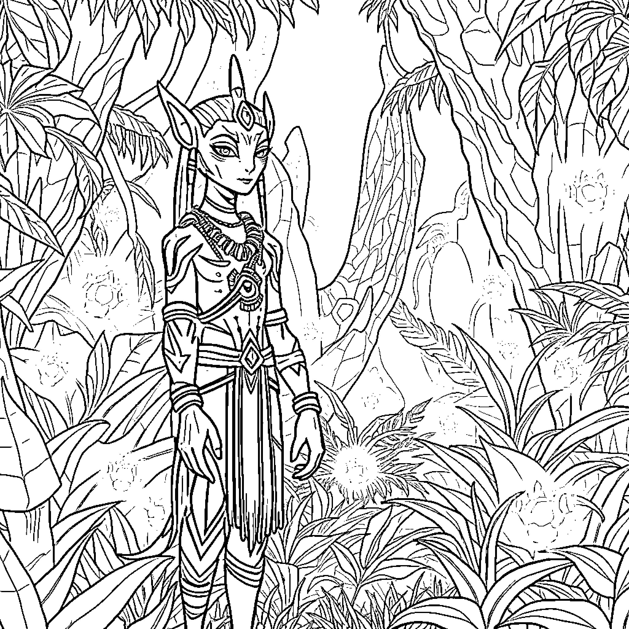 Avatar of the Mystical Jungle Realm Coloring Page (free black-and-white line drawing printable PDF for all, from beginners to advanced learners, including children, teens, adults, and seniors)