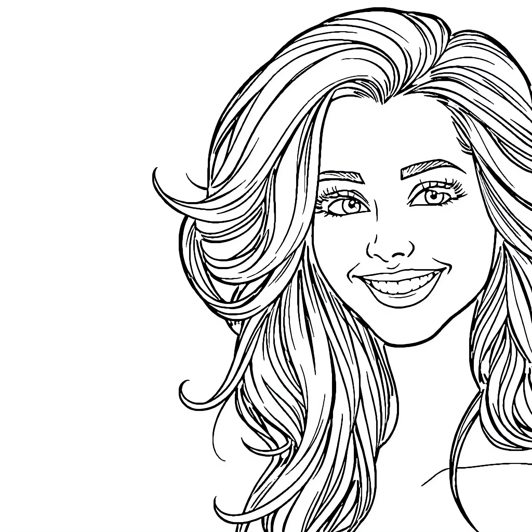 Lady with flowing hair and vibrant smile Coloring Page (free black-and-white line drawing printable PDF for all, from beginners to advanced learners, including children, teens, adults, and seniors)