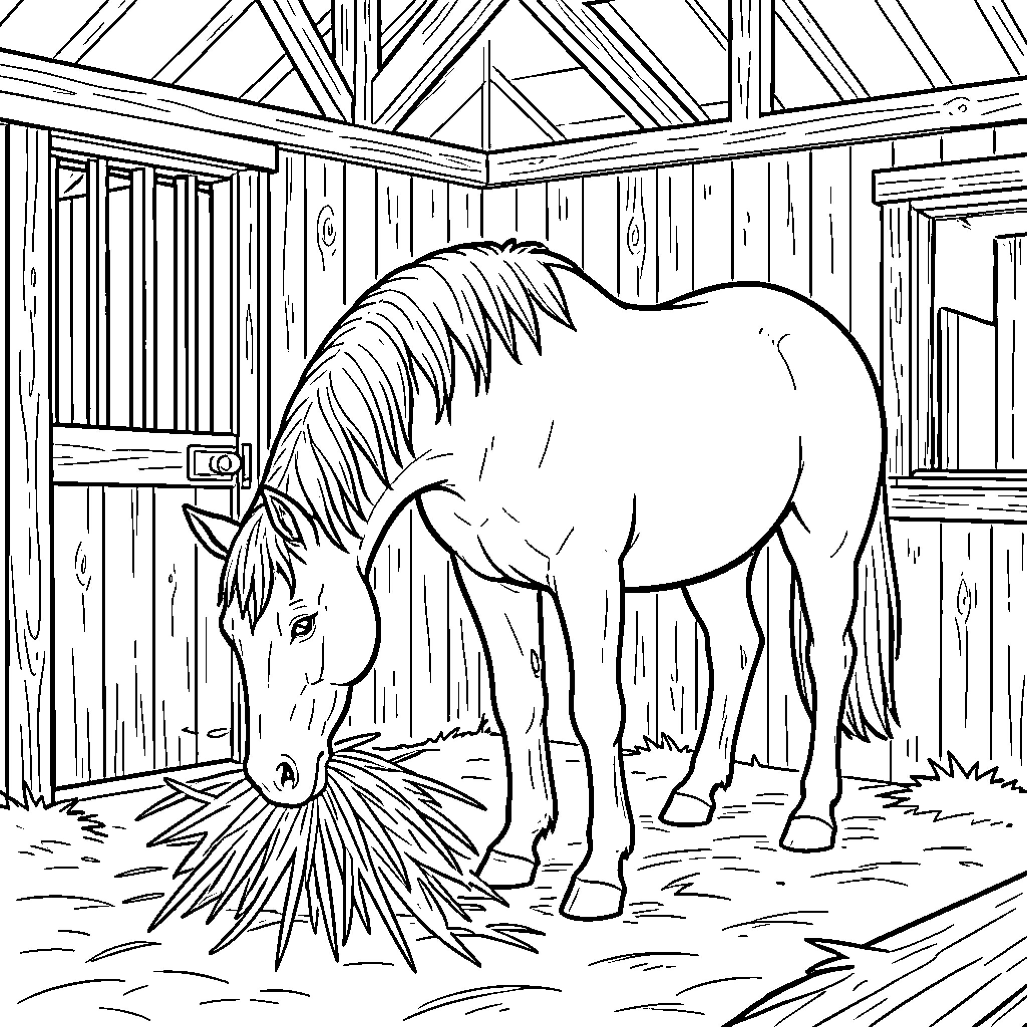 Horse eating hay inside a wooden stable Coloring Page (free black-and-white line drawing printable PDF for all, from beginners to advanced learners, including children, teens, adults, and seniors)