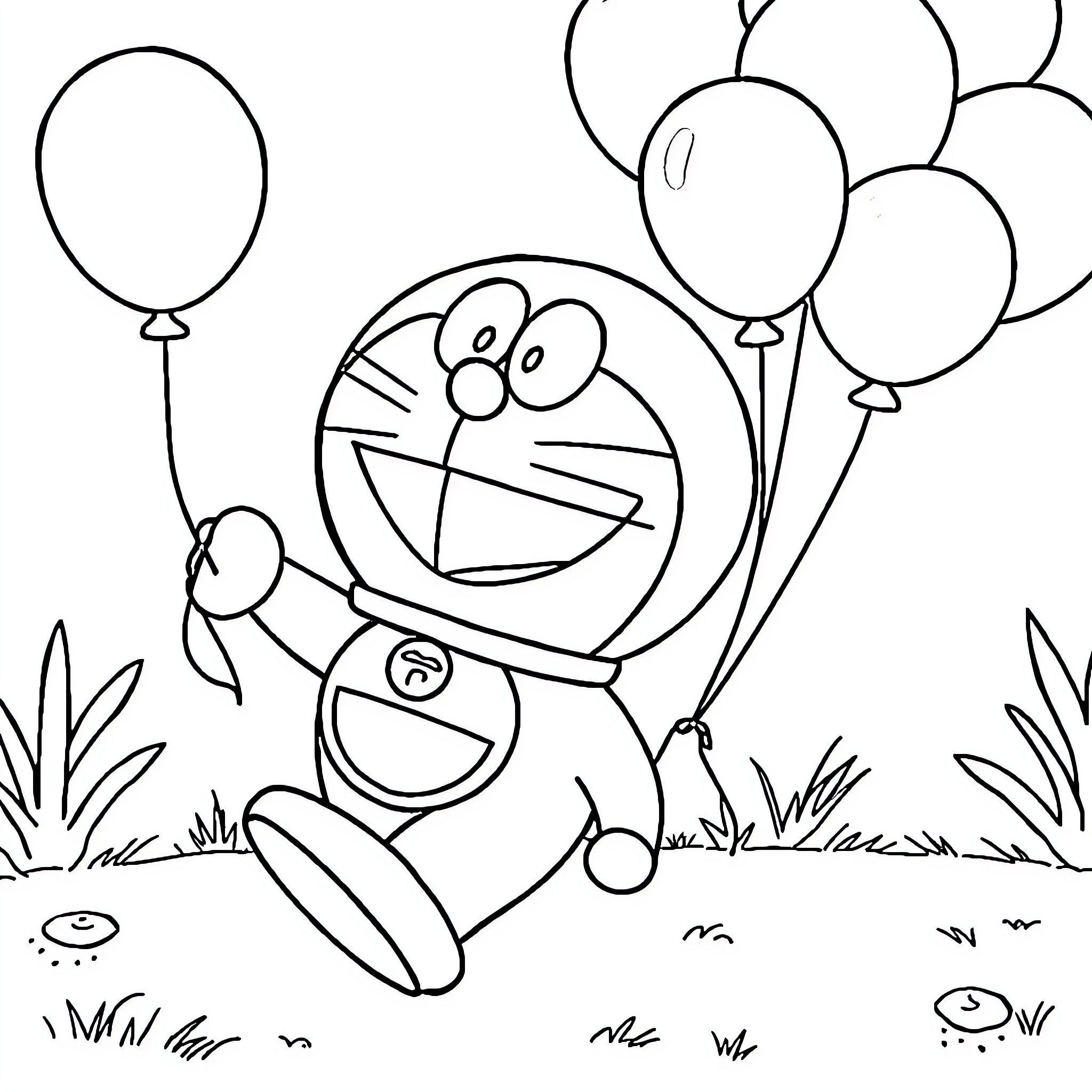 Doraemon enjoying balloons in the park Coloring Page (free black-and-white line drawing printable PDF for all, from beginners to advanced learners, including children, teens, adults, and seniors)