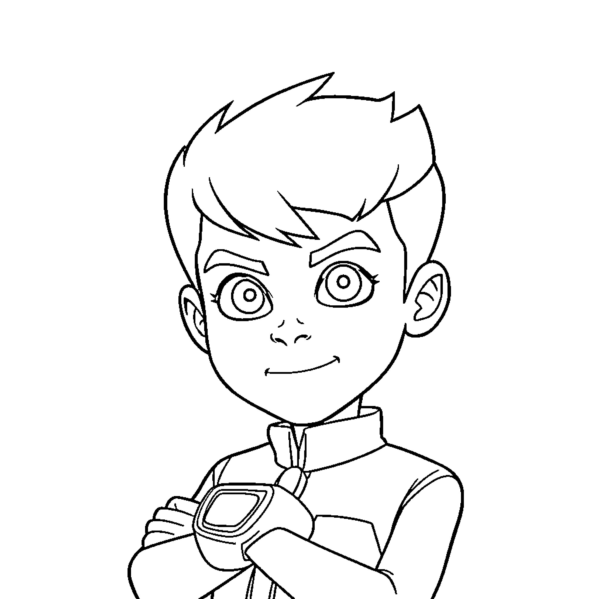Ben 10 Smiling and Posing with Confidence Coloring Page (free black-and-white line drawing printable PDF for all, from beginners to advanced learners, including children, teens, adults, and seniors)