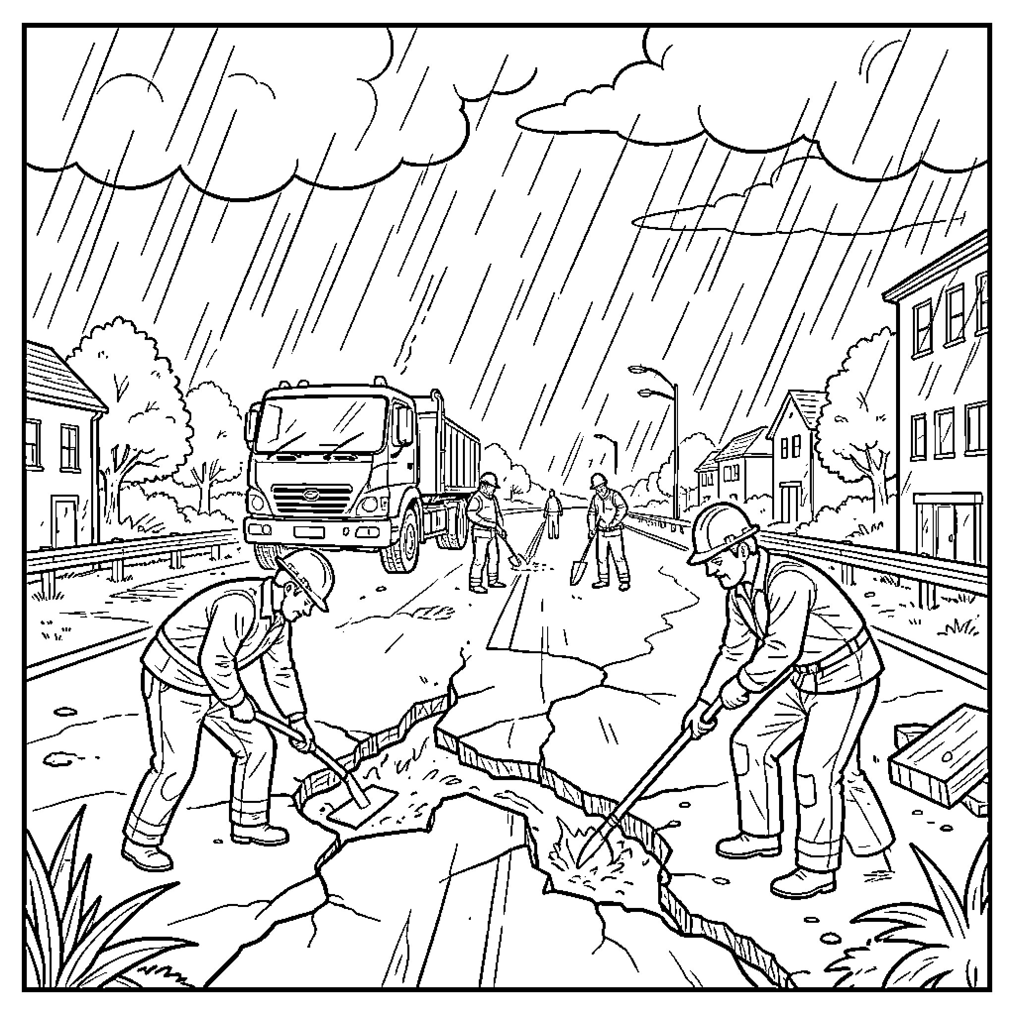 Worker repairing a cracked road during heavy rain Coloring Page (free black-and-white line drawing printable PDF for all, from beginners to advanced learners, including children, teens, adults, and seniors)