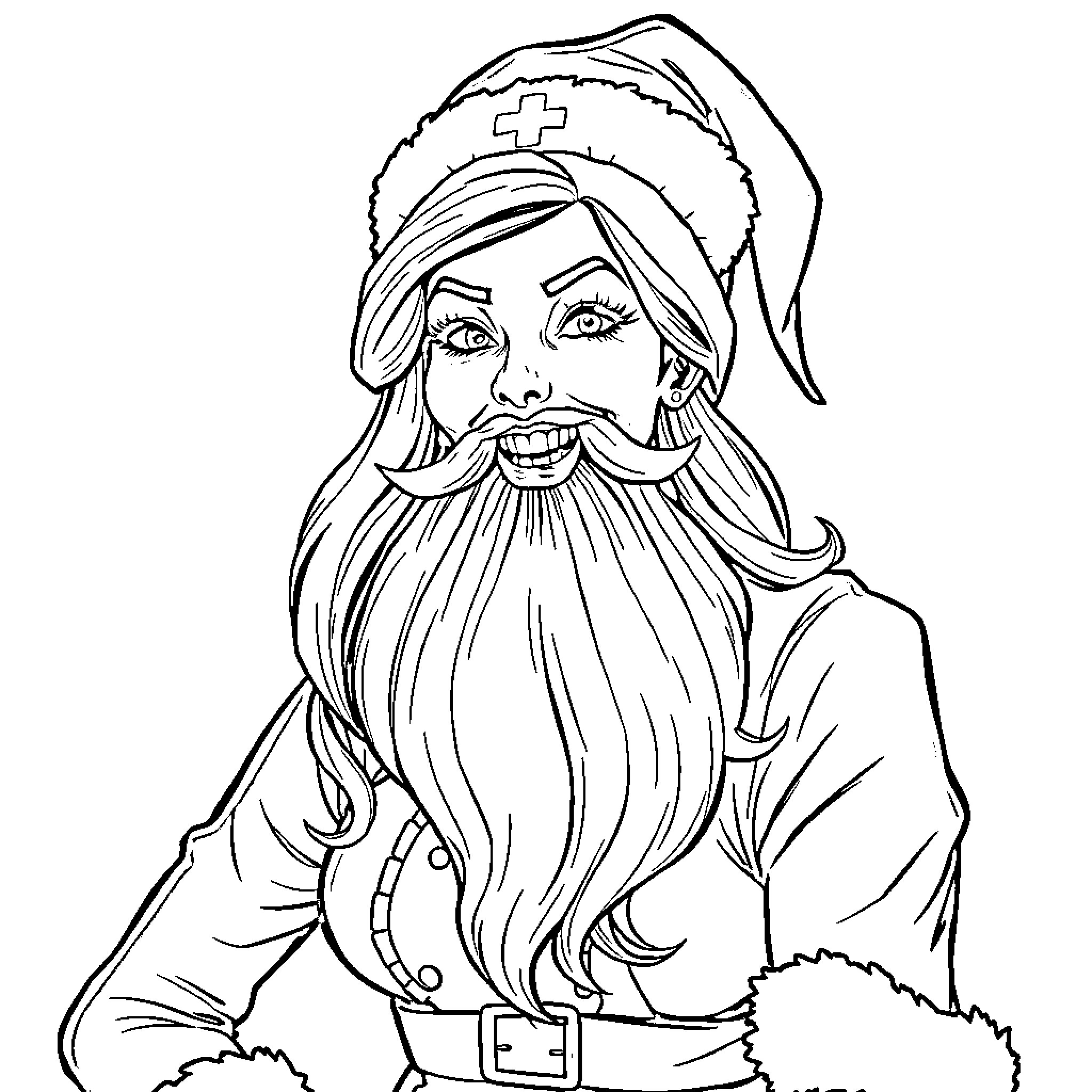Nurse with a long beard and friendly expression Coloring Page (free black-and-white line drawing printable PDF for all, from beginners to advanced learners, including children, teens, adults, and seniors)