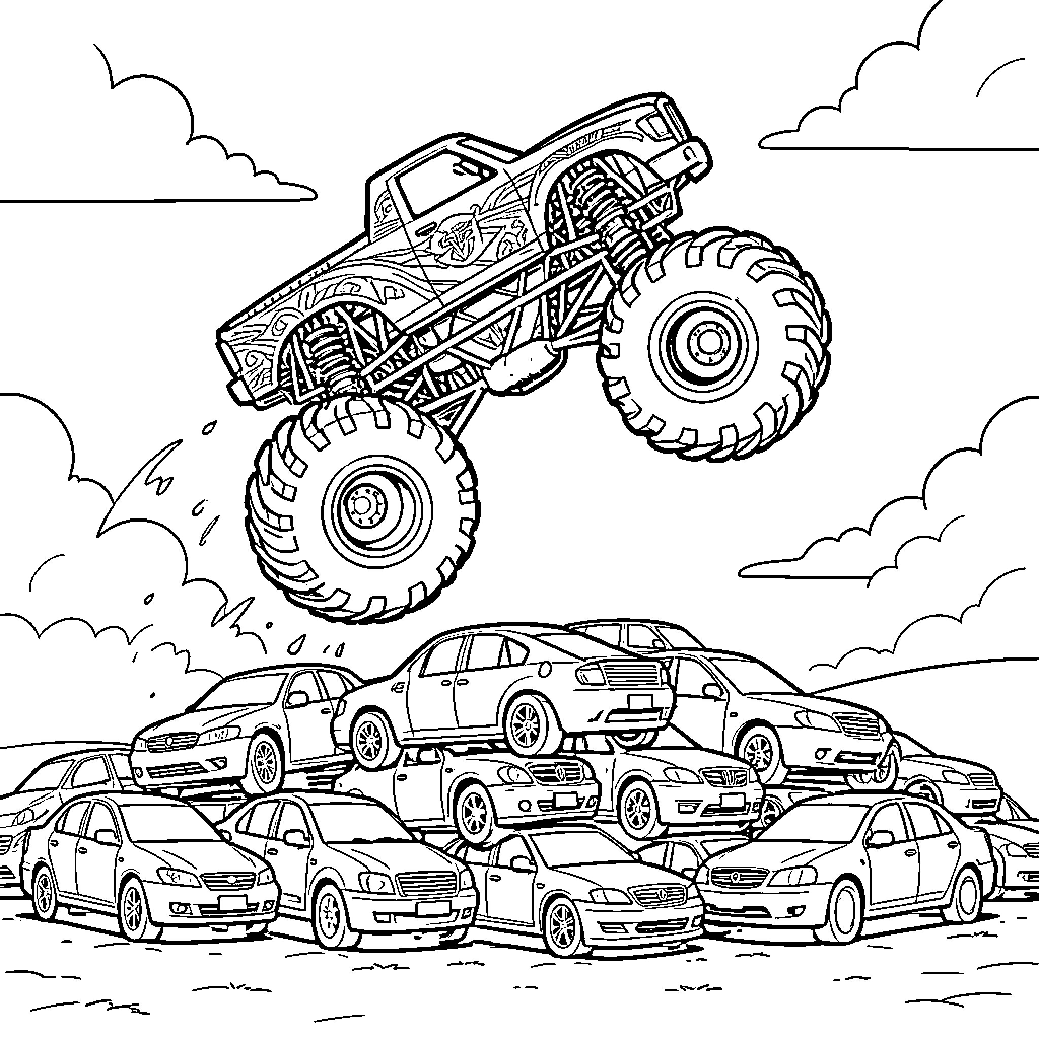 Monster Truck jumping over a pile of cars Coloring Page (free black-and-white line drawing printable PDF for all, from beginners to advanced learners, including children, teens, adults, and seniors)