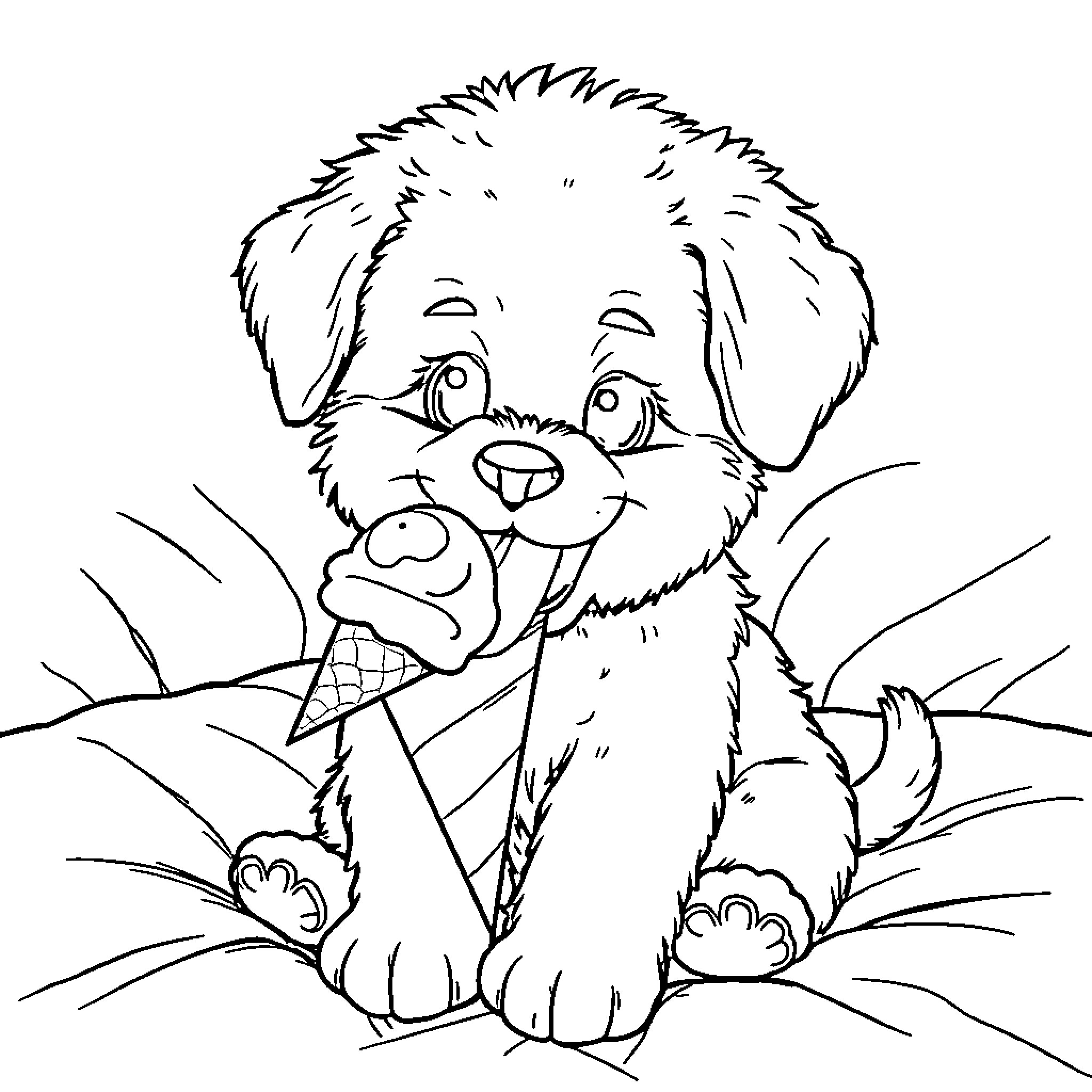 Puppy enjoying ice cream cone Coloring Page (free black-and-white line drawing printable PDF for all, from beginners to advanced learners, including children, teens, adults, and seniors)