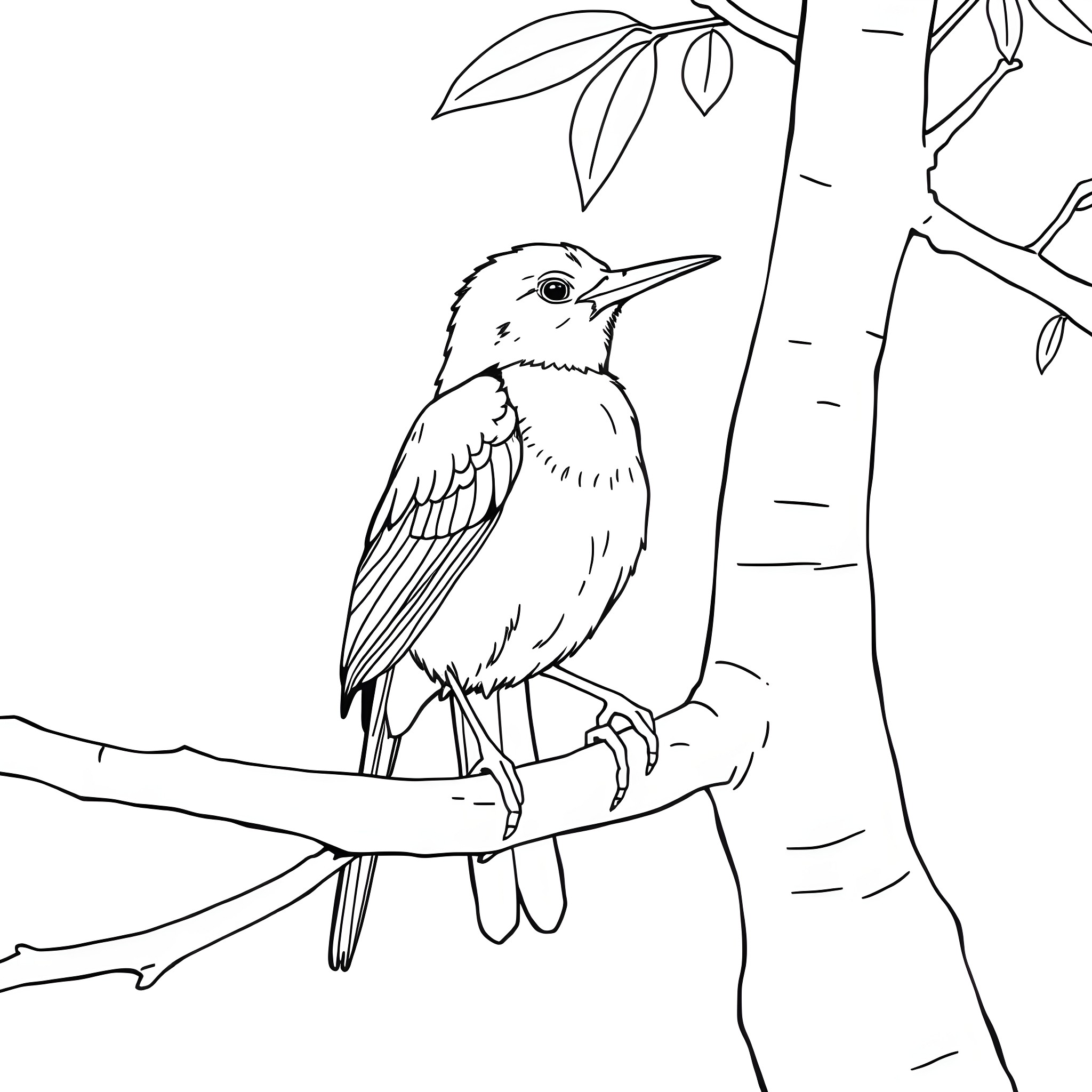 Honey Creeper perching on tree branch Coloring Page (free black-and-white line drawing printable PDF for all, from beginners to advanced learners, including children, teens, adults, and seniors)