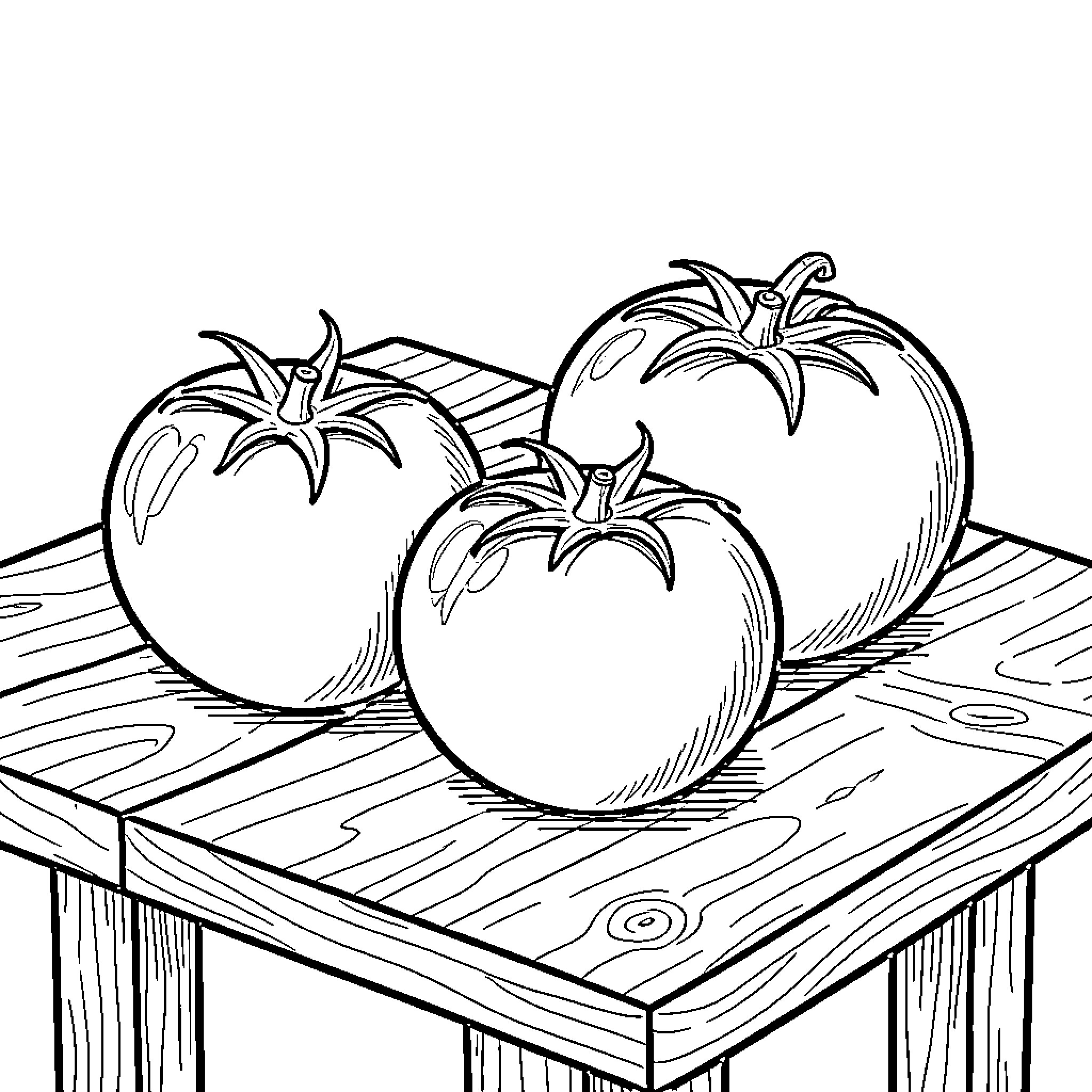 Tomatoes on a Wooden Surface Coloring Page (free black-and-white line drawing printable PDF for all, from beginners to advanced learners, including children, teens, adults, and seniors)