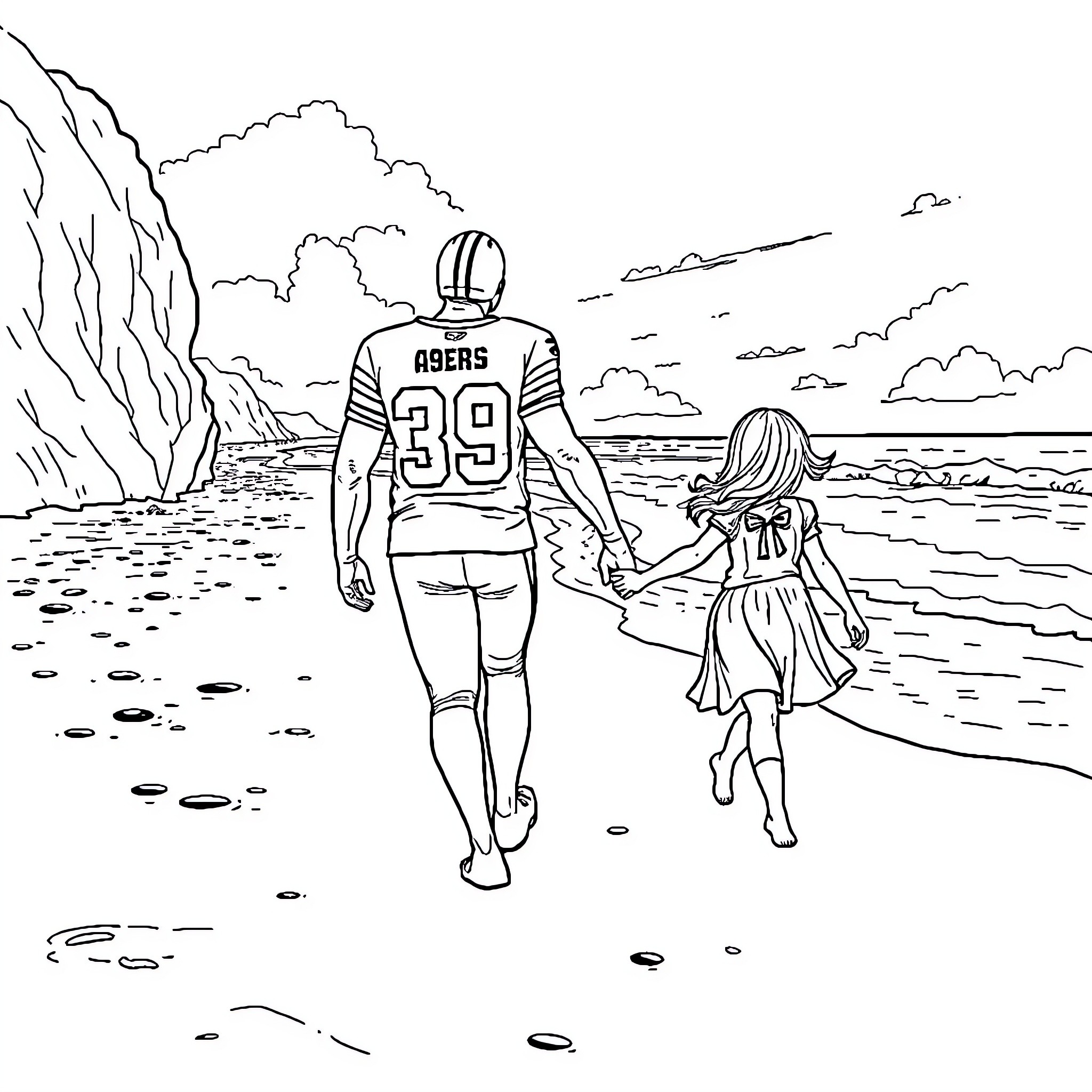 Daughter and parent enjoy a beach stroll Coloring Page (free black-and-white line drawing printable PDF for all, from beginners to advanced learners, including children, teens, adults, and seniors)