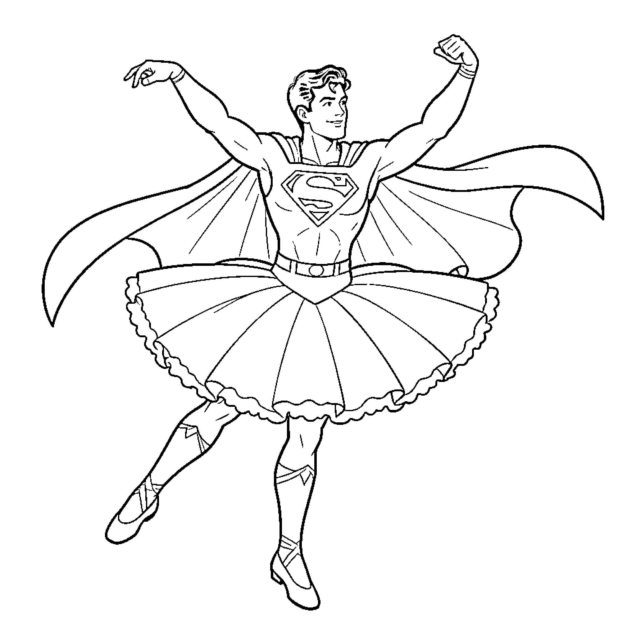 Superman performing ballet in costume Coloring Page (free black-and-white line drawing printable PDF for all, from beginners to advanced learners, including children, teens, adults, and seniors)