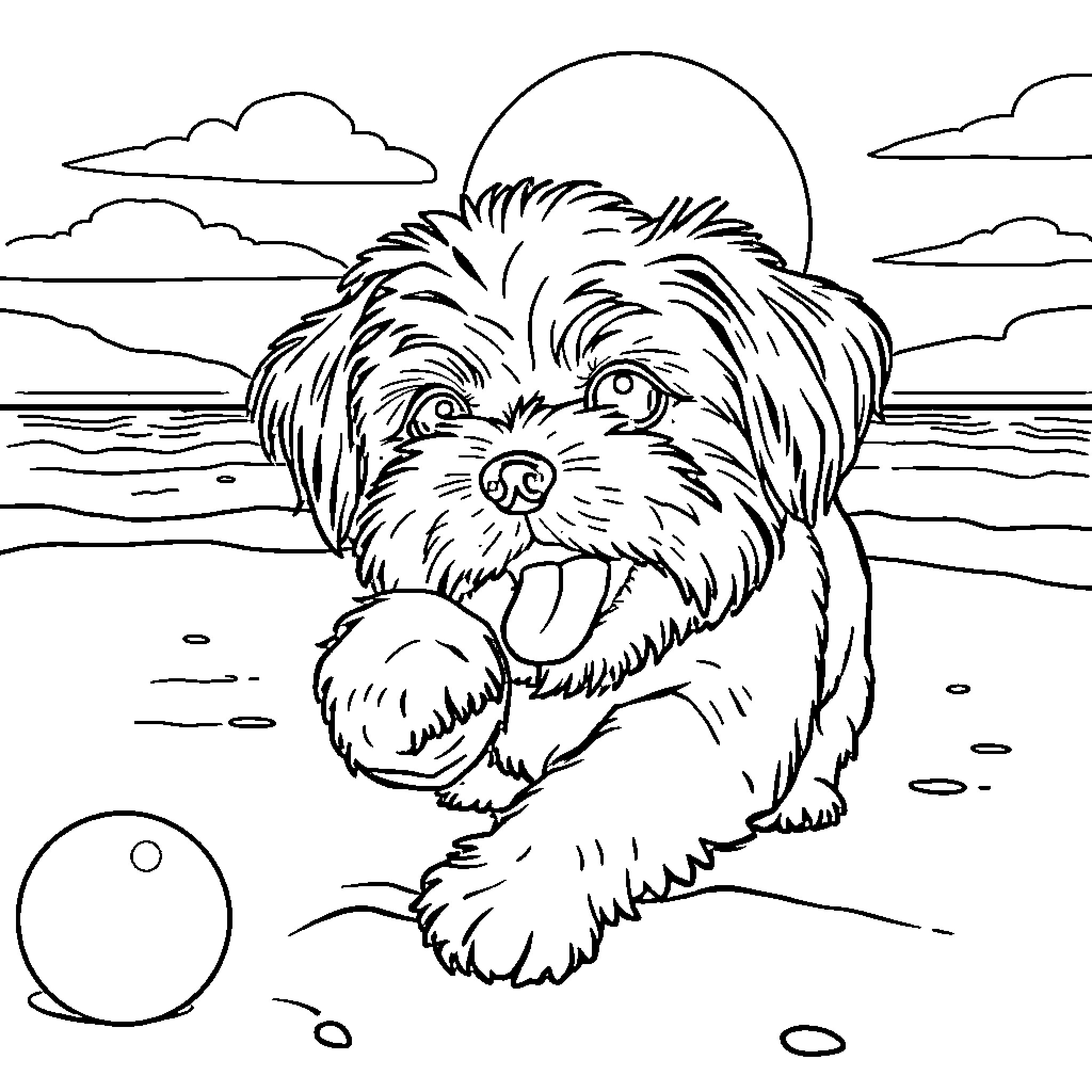 Shih Tzu playing happily on the beach Coloring Page (free black-and-white line drawing printable PDF for all, from beginners to advanced learners, including children, teens, adults, and seniors)