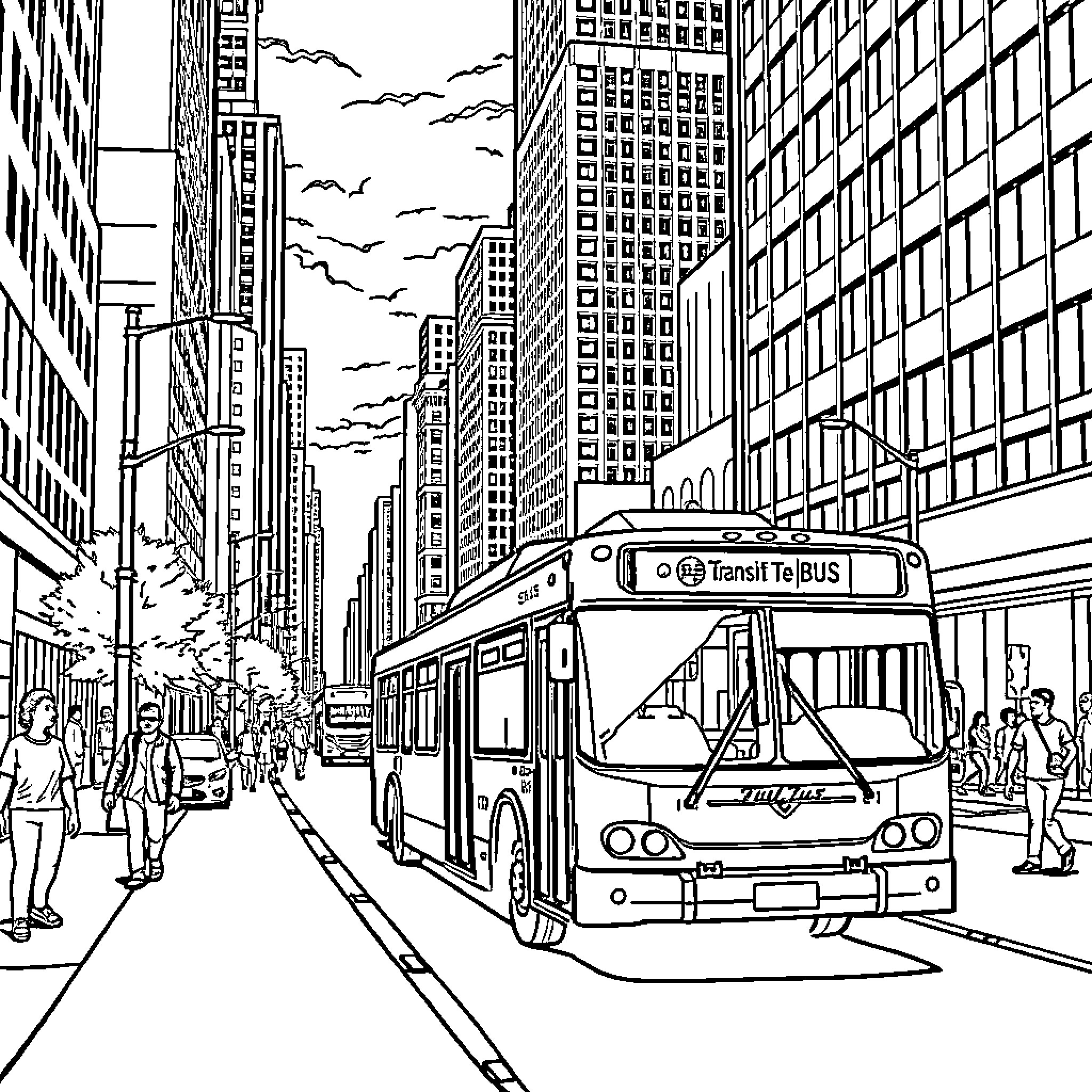 Bus in Busy City Street with Pedestrians Coloring Page (free black-and-white line drawing printable PDF for all, from beginners to advanced learners, including children, teens, adults, and seniors)