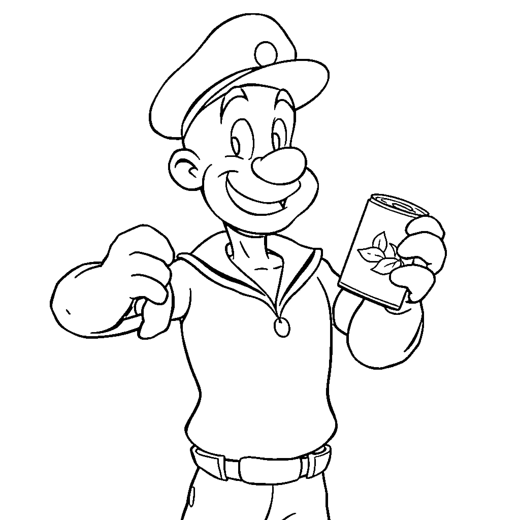 Popeye the Sailor Man Eating Spinach Coloring Page (free black-and-white line drawing printable PDF for all, from beginners to advanced learners, including children, teens, adults, and seniors)