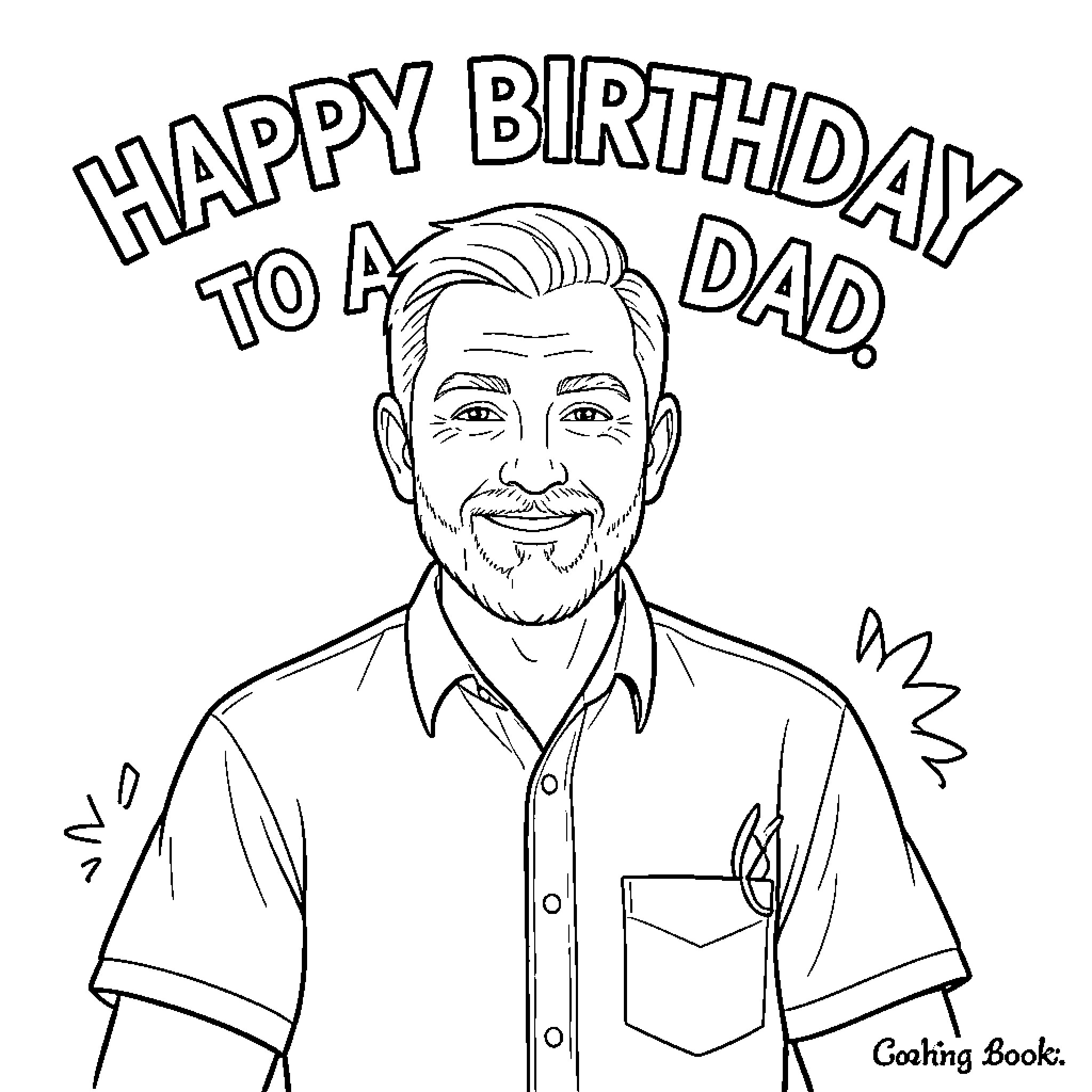 Father smiling happily for his birthday celebration Coloring Page (free black-and-white line drawing printable PDF for all, from beginners to advanced learners, including children, teens, adults, and seniors)