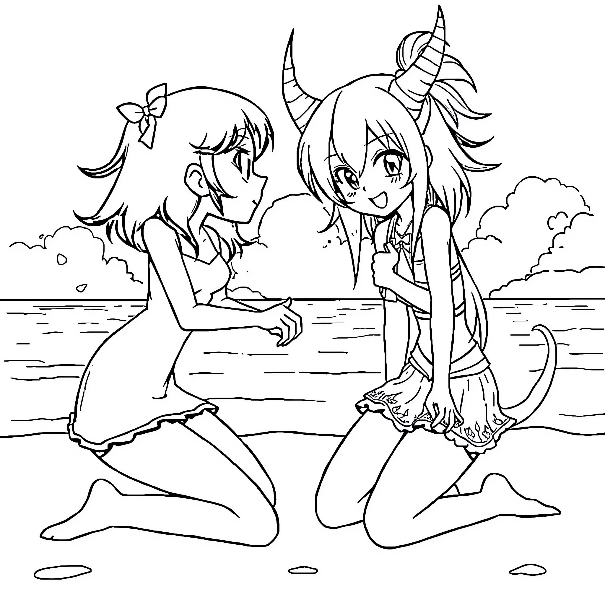 Ania and Nezuko playing by the beach Coloring Page (free black-and-white line drawing printable PDF for all, from beginners to advanced learners, including children, teens, adults, and seniors)