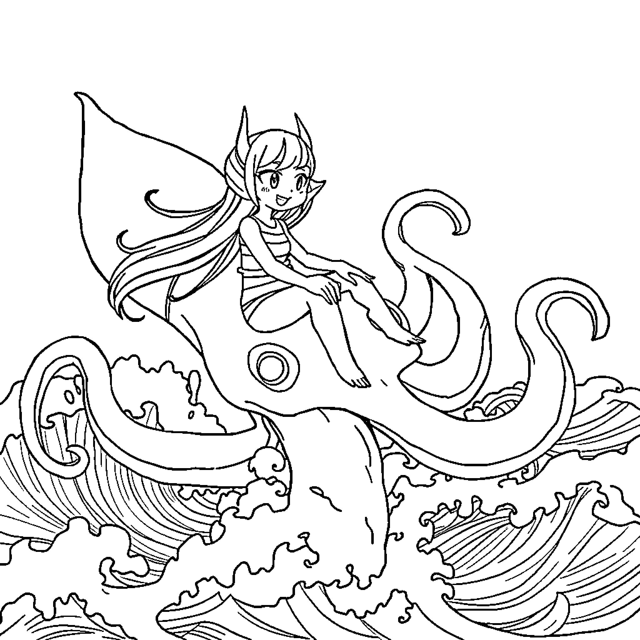 Kuromi soaring through whimsical waves and clouds Coloring Page (free black-and-white line drawing printable PDF for all, from beginners to advanced learners, including children, teens, adults, and seniors)