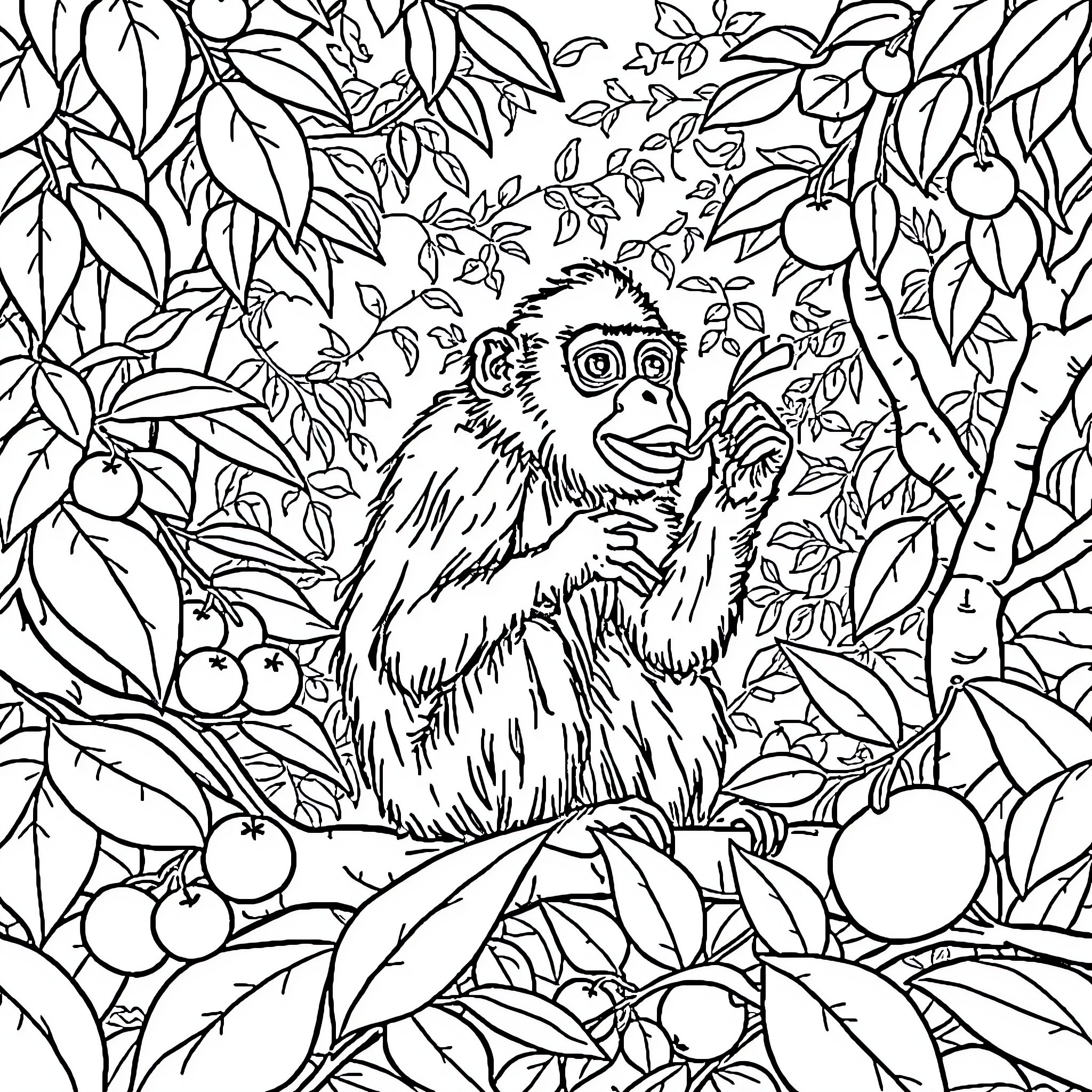 Primate exploring the lush foliage Coloring Page (free black-and-white line drawing printable PDF for all, from beginners to advanced learners, including children, teens, adults, and seniors)