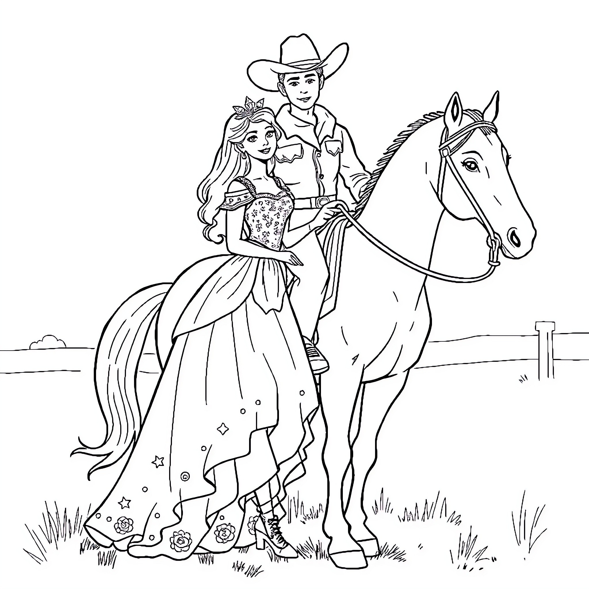 Princess Riding Horseback with Cowboy Companion Coloring Page (free black-and-white line drawing printable PDF for all, from beginners to advanced learners, including children, teens, adults, and seniors)