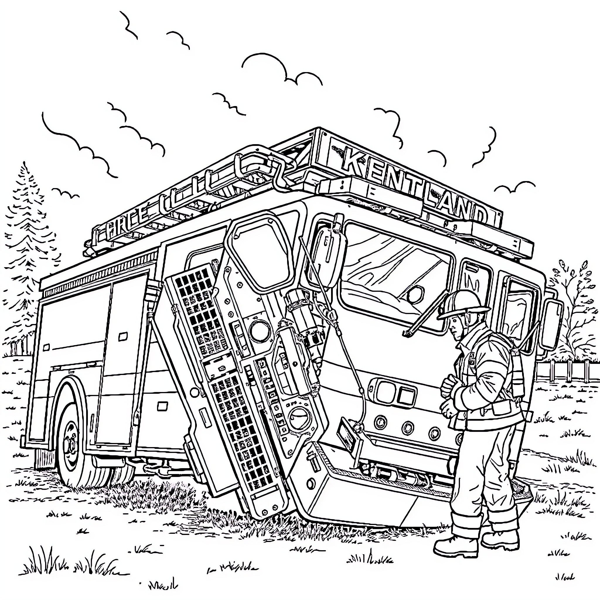 Fire Truck responding to an emergency situation Coloring Page (free black-and-white line drawing printable PDF for all, from beginners to advanced learners, including children, teens, adults, and seniors)