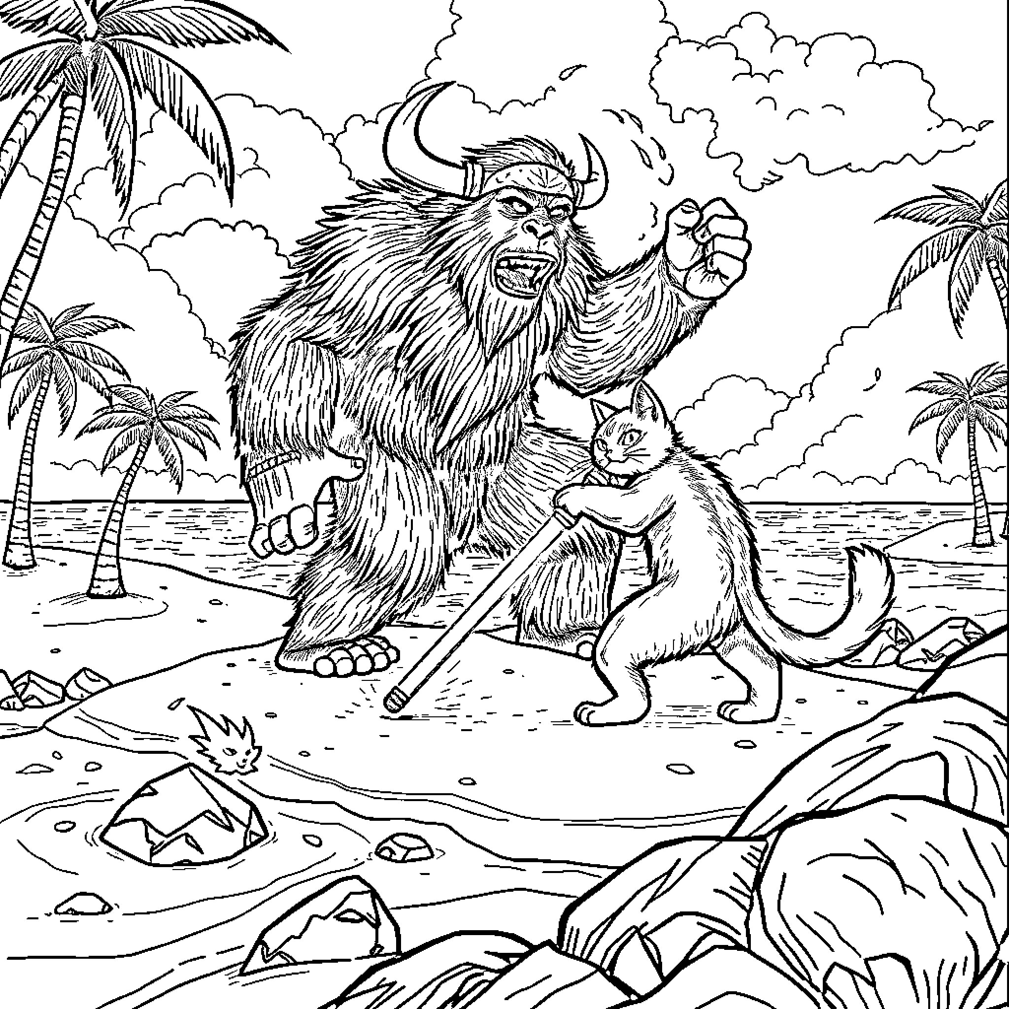 Viking Cat conquers the tropical island Coloring Page (free black-and-white line drawing printable PDF for all, from beginners to advanced learners, including children, teens, adults, and seniors)
