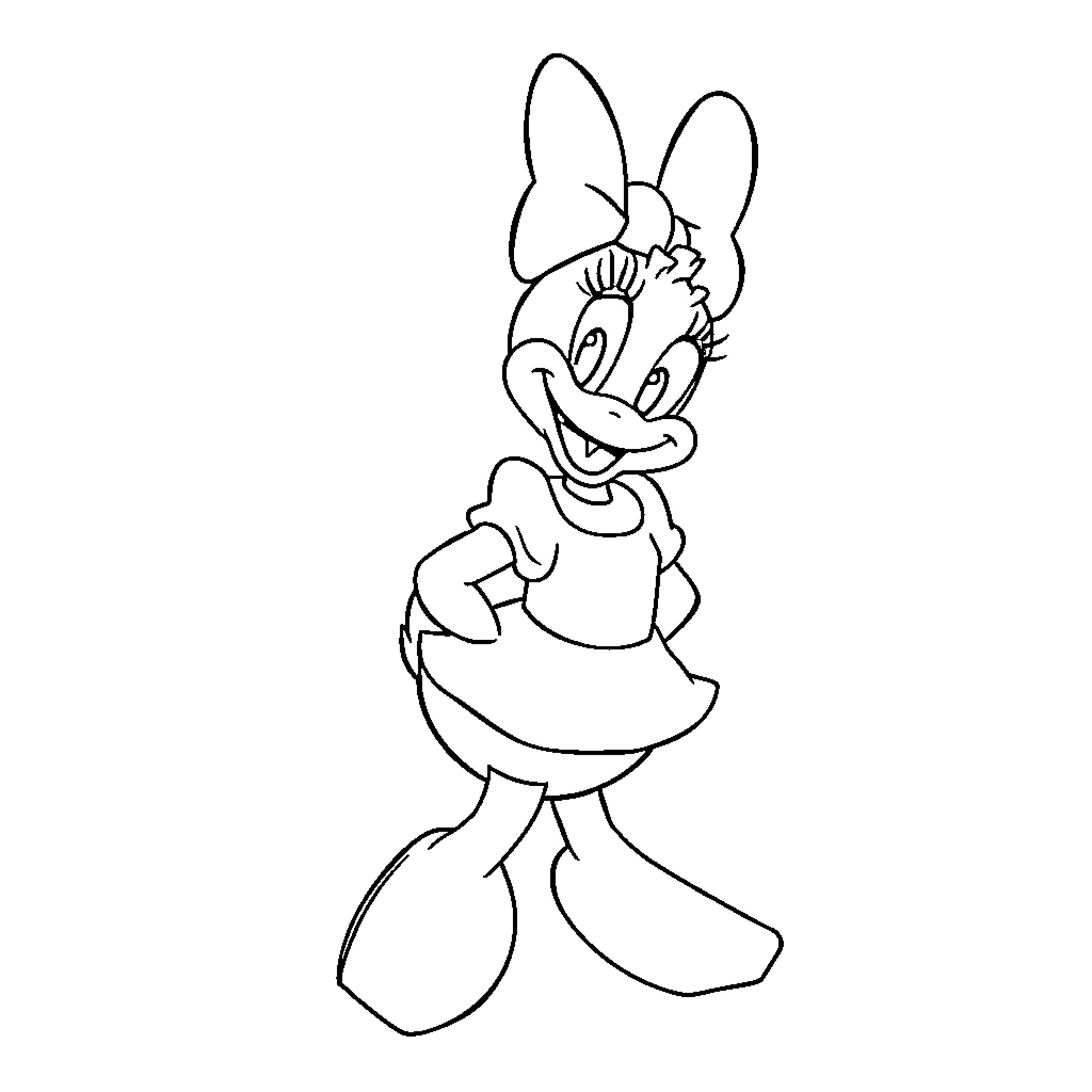 Daisy Duck in a cheerful pose Coloring Page (free black-and-white line drawing printable PDF for all, from beginners to advanced learners, including children, teens, adults, and seniors)