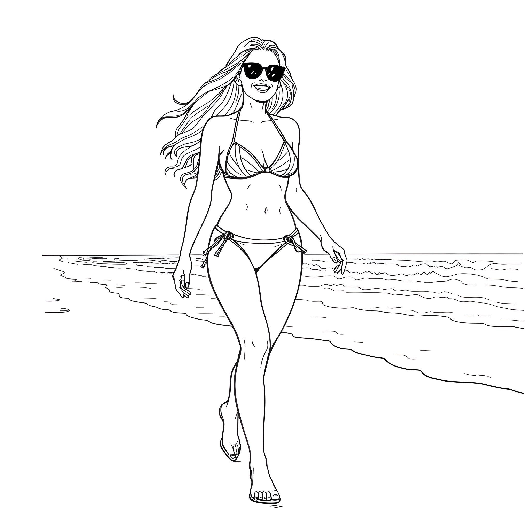 Daughter walking on the beach in swimwear Coloring Page (free black-and-white line drawing printable PDF for all, from beginners to advanced learners, including children, teens, adults, and seniors)